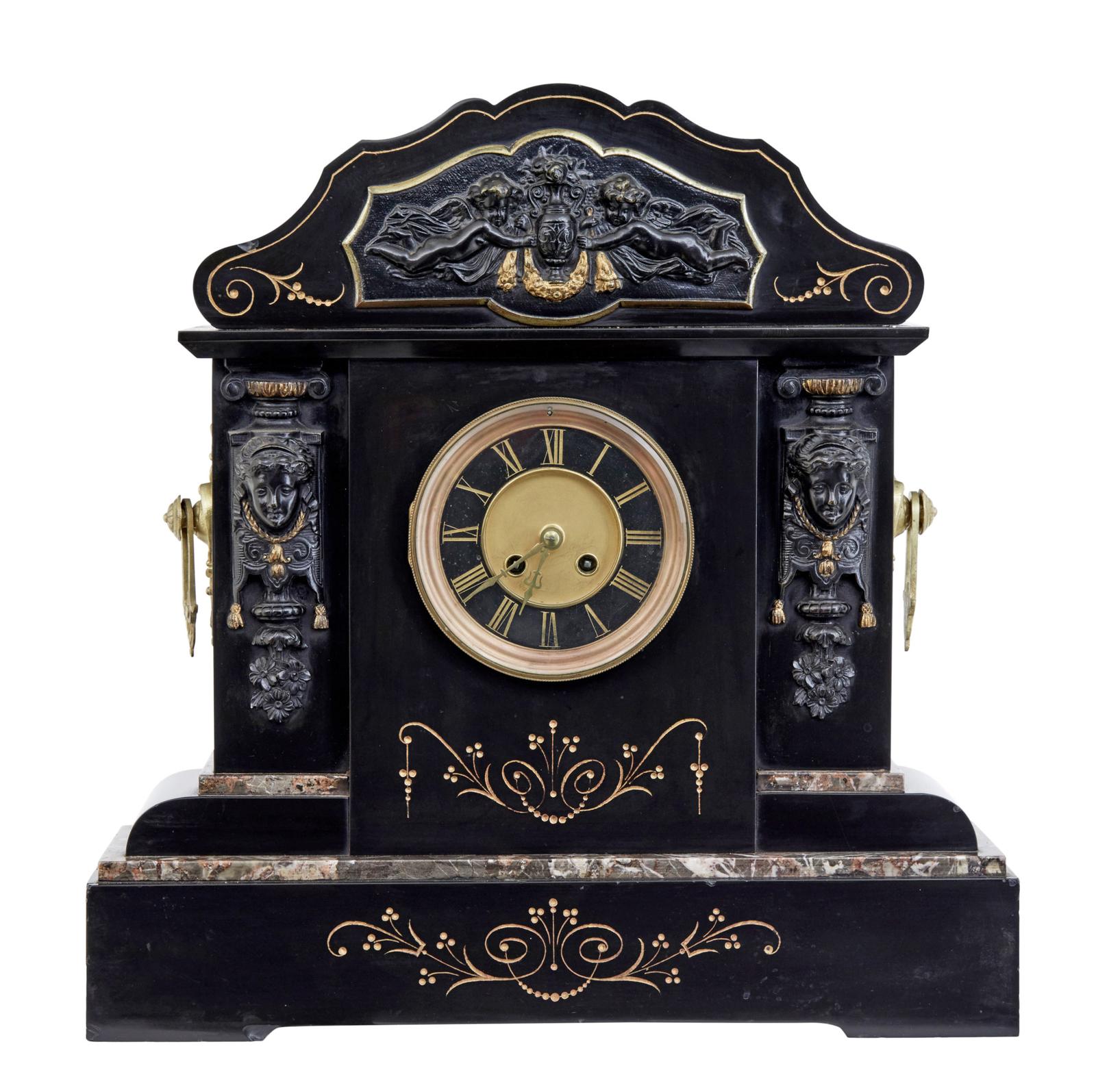 High Victorian Inlaid Black Marble Mantel Clock (1 of 9)