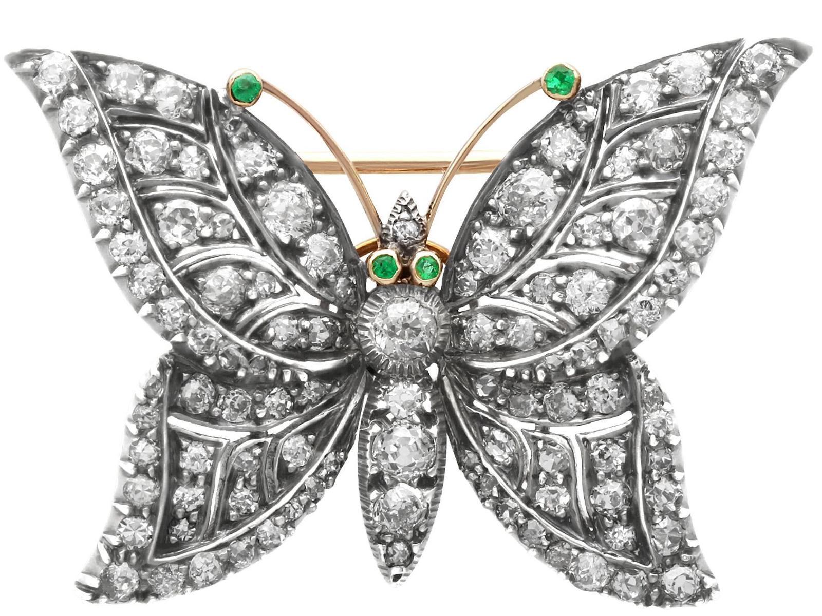 Antique 3.88ct Diamond & Emerald 9ct Yellow Gold Butterfly Brooch c.1910 (1 of 9) Antique 3.88ct Diamond & Emerald 9ct Yellow Gold Butterfly Brooch c.1910 (1 of 9)
