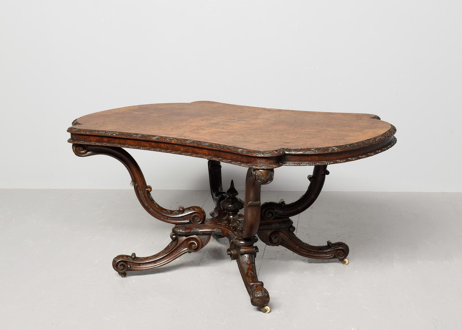 Large Victorian, Shaped Top Burr Walnut Free-standing Center Table (1 of 8) Large Victorian, Shaped Top Burr Walnut Free-standing Center Table (1 of 8)
