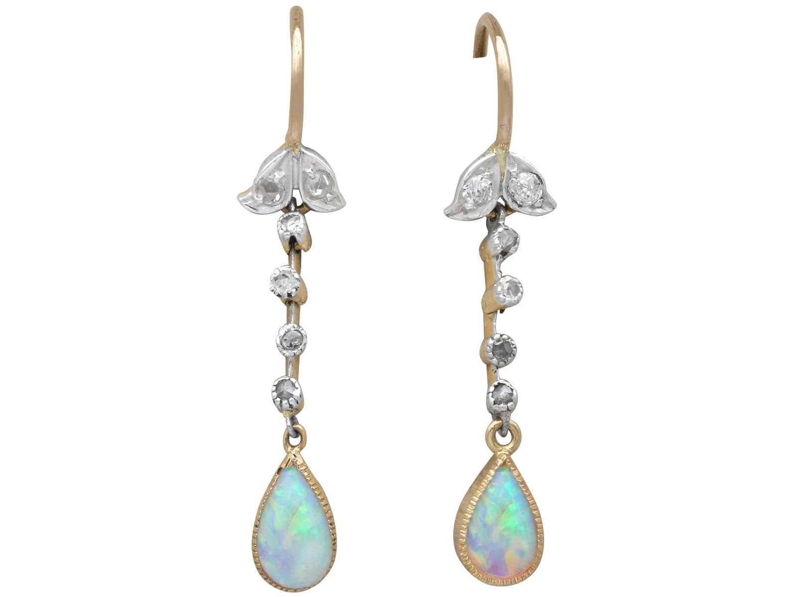 Antique 0.75ct White Opal & 0.15ct Diamond, 18k Yellow Gold Drop Earrings c.1900 (1 of 9)