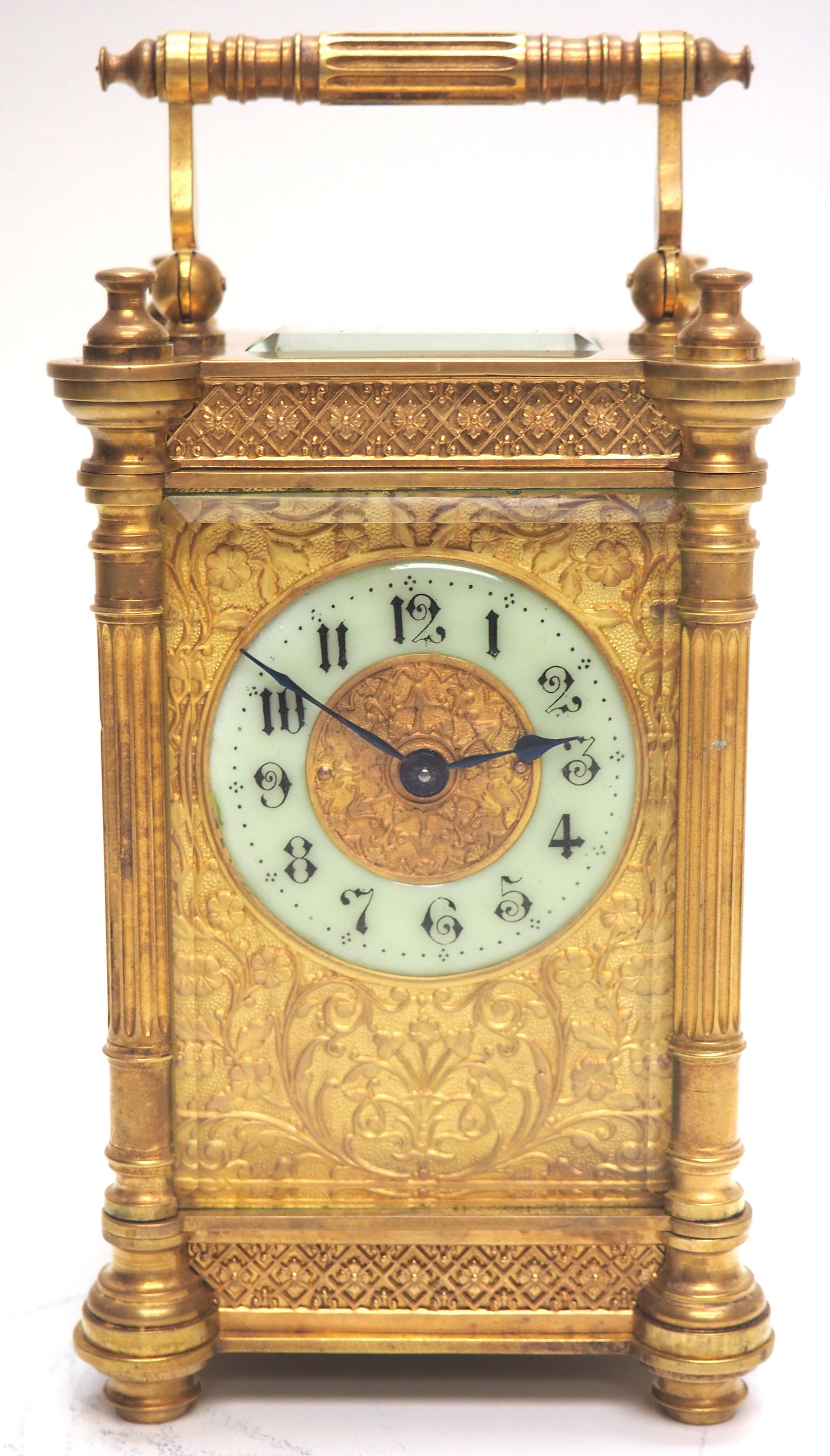Fine Antique French 8-day Fleur De Lis Decorated Panel 8-day Carriage Clock Timepiece c.1890 (1 of 10) Fine Antique French 8-day Fleur De Lis Decorated Panel 8-day Carriage Clock Timepiece c.1890 (1 of 10)
