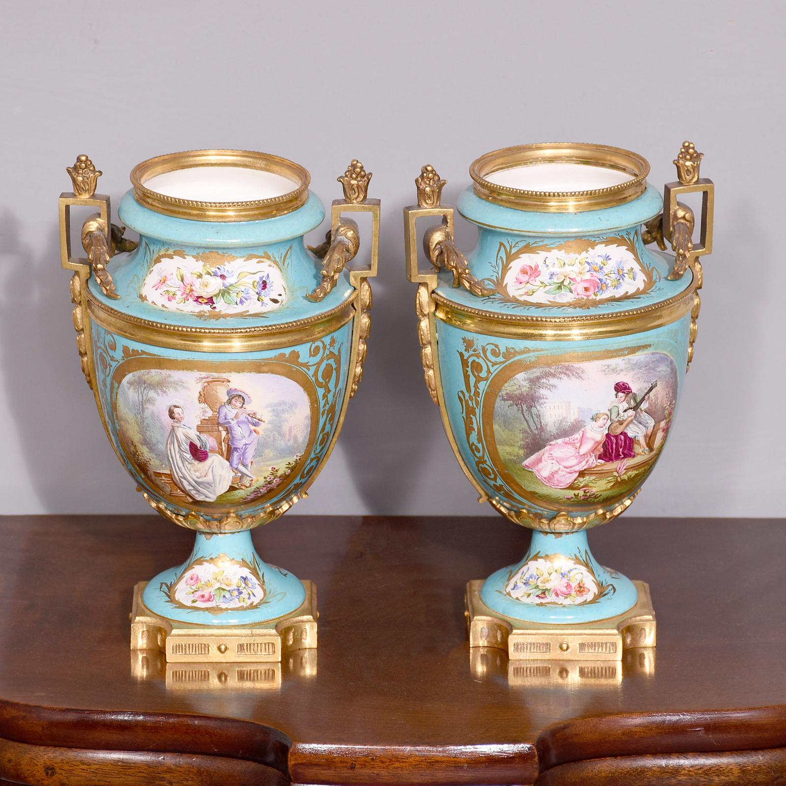 Decorative Pair of Sevres - Style Ormolu - Mounted, Pale Blue Porcelain Vases (1 of 3)
