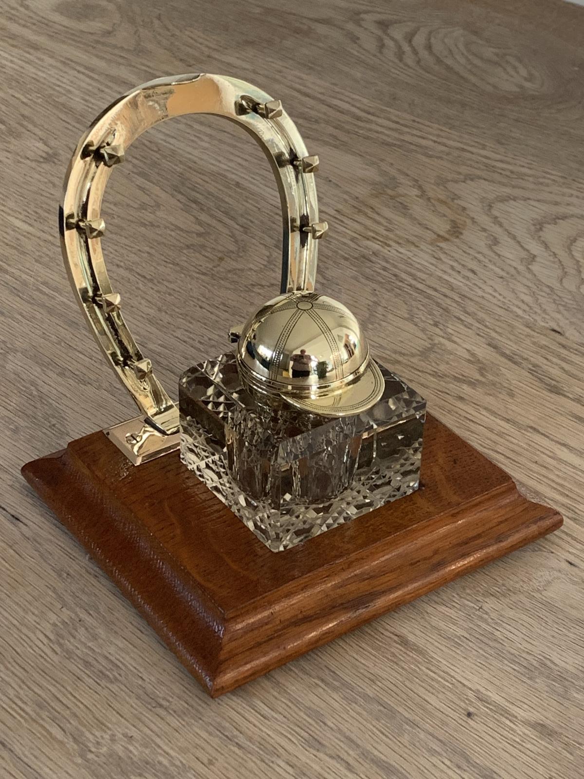 Victorian Equestrian Horseshoe & Jockey Cap Brass Inkwell on Oak Base (1 of 6)