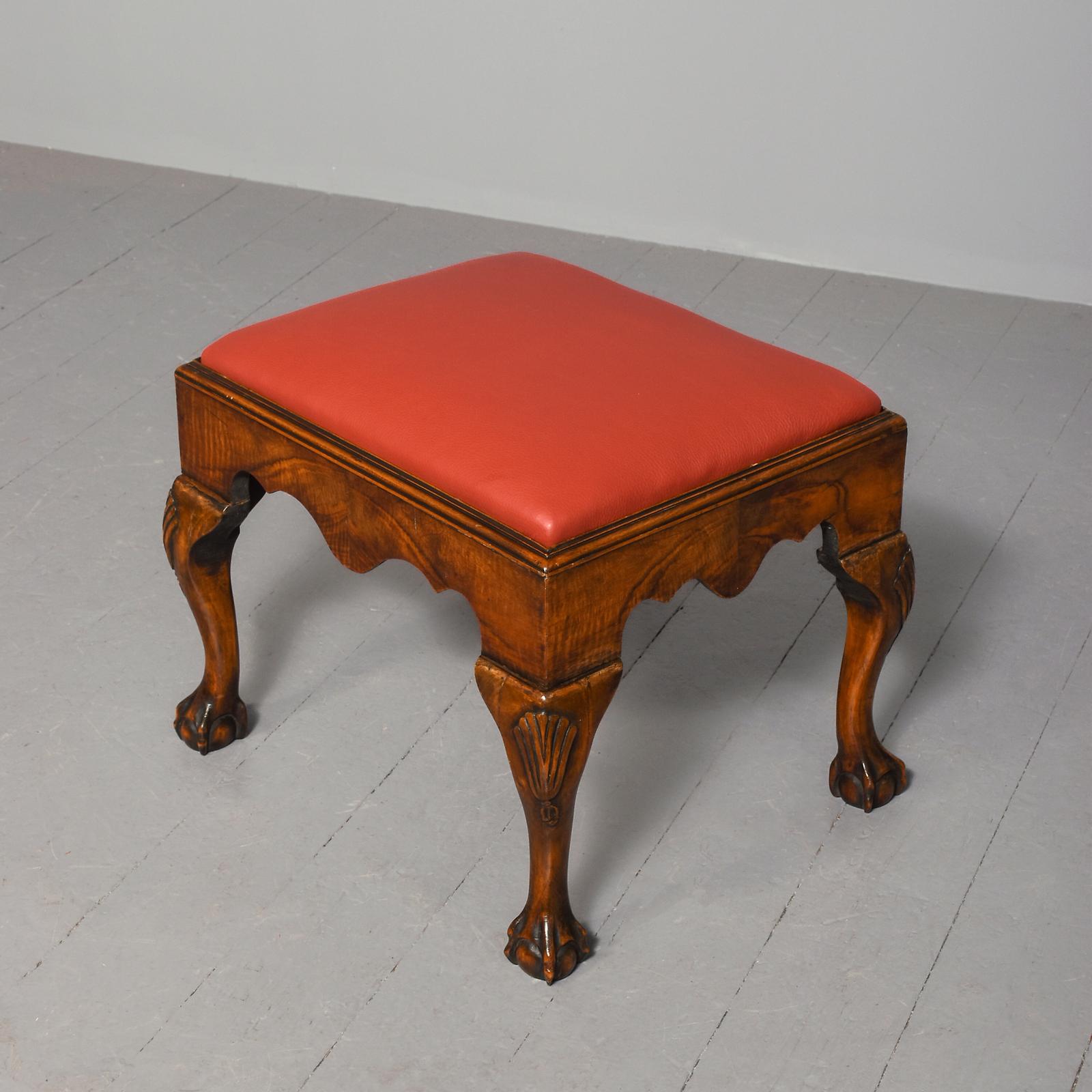 George 2nd Style Walnut Stool in Figured Walnut Newly Upholstered in Burgundy Leather (1 of 8)