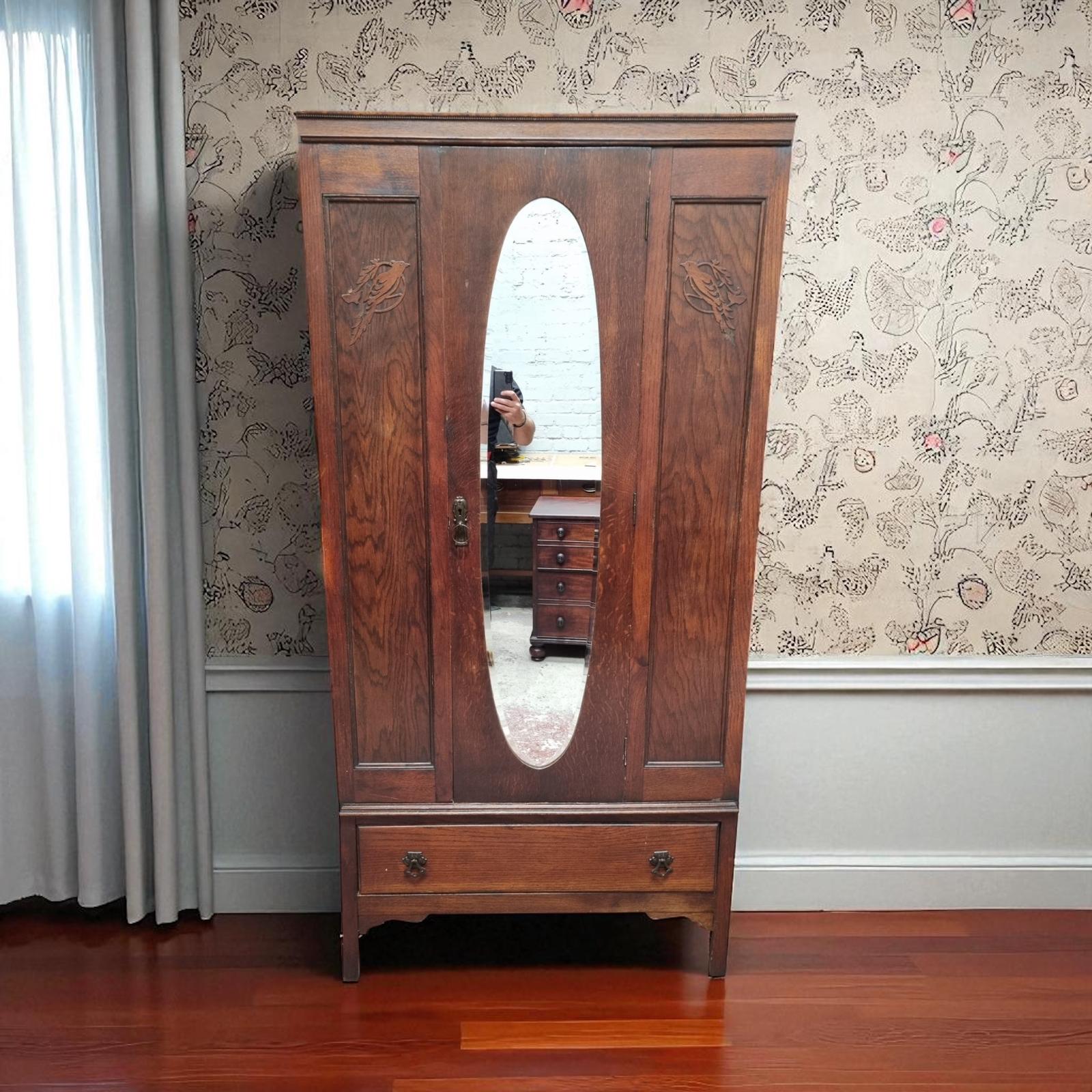 Antique Edwardian Oak Mirror Door Wardrobe / Made in England C1910 (1 of 9)