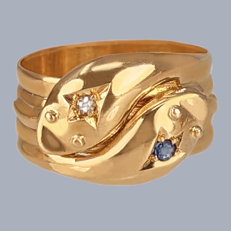 Antique Double Snake Ring | 18ct Gold | Diamond & Sapphire | Chester 1905 Hallmarked | Exceptional Condition (1 of 7)