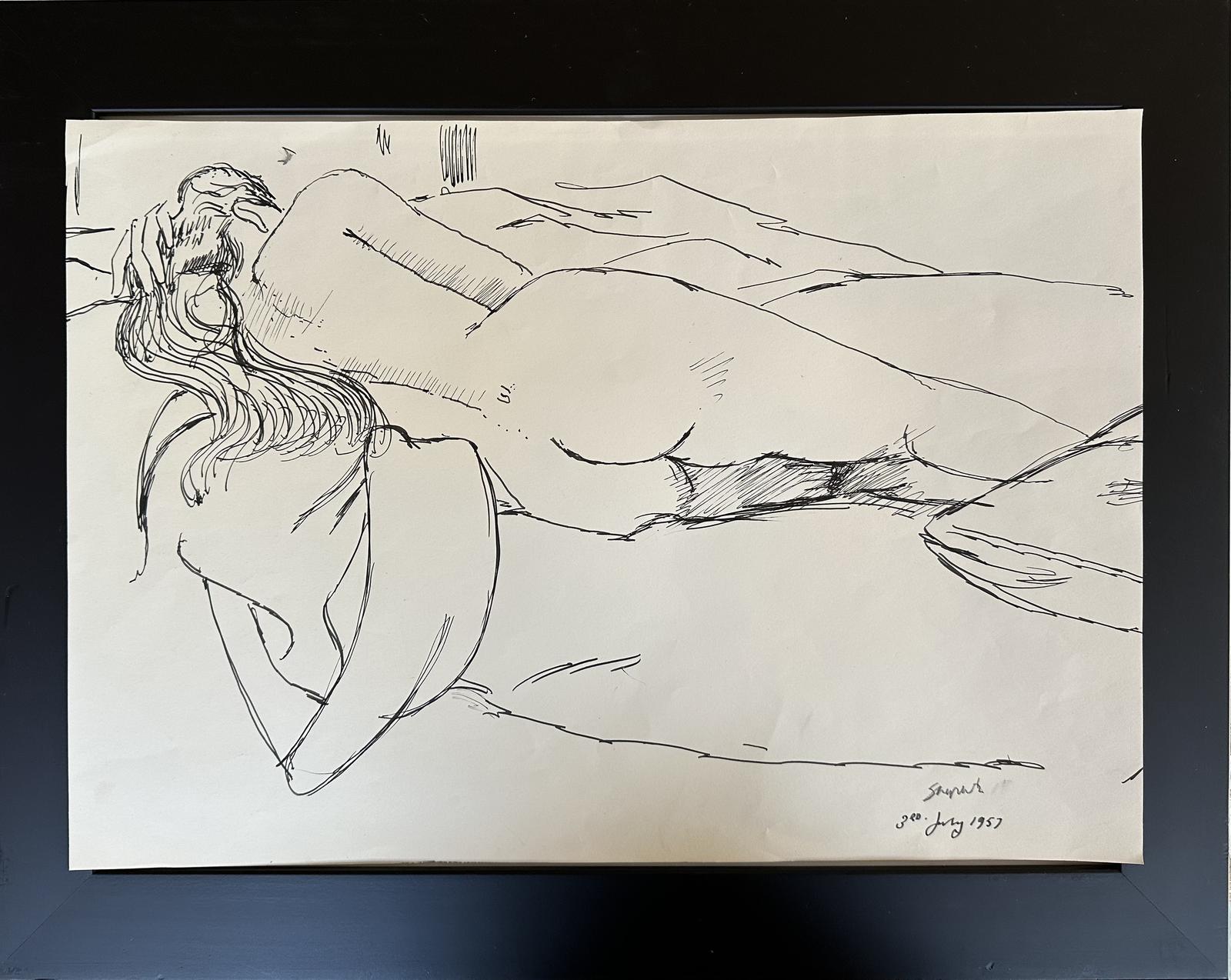 Original Pen & Ink Drawing 'Elegant Reclining Nude - Toby Horne Shepherd - Signed & Dated 3rd July 1957 (1 of 2) Original Pen & Ink Drawing 'Elegant Reclining Nude - Toby Horne Shepherd - Signed & Dated 3rd July 1957 (1 of 2)