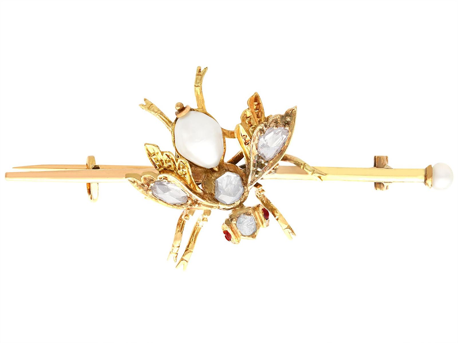 Antique 1.28ct Diamond Pearl & Garnet 15ct Yellow Gold Hornet Brooch c.1880 (1 of 10)