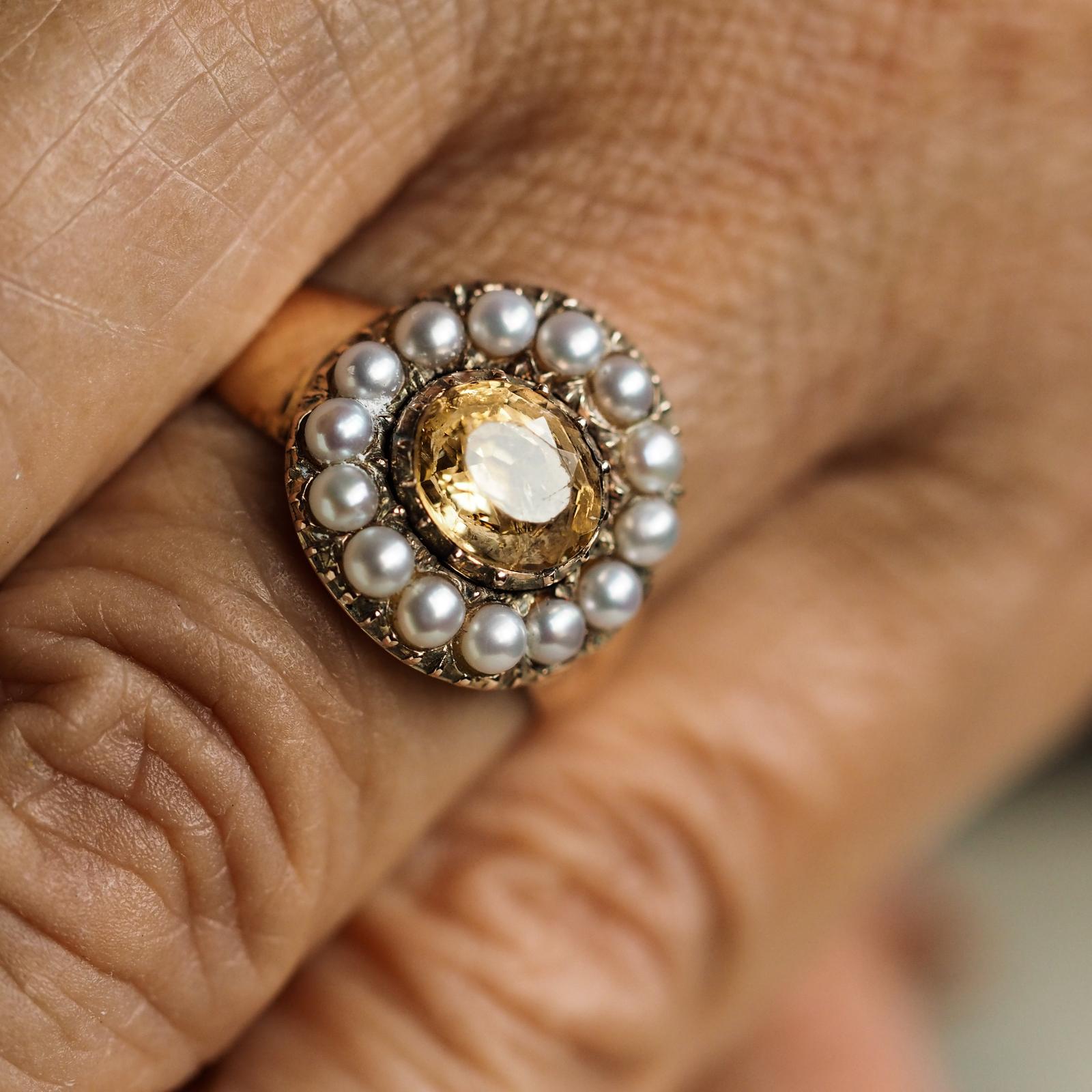Antique Georgian Citrine & Pearl Cluster Ring 14K Gold - c.1800 (1 of 20)