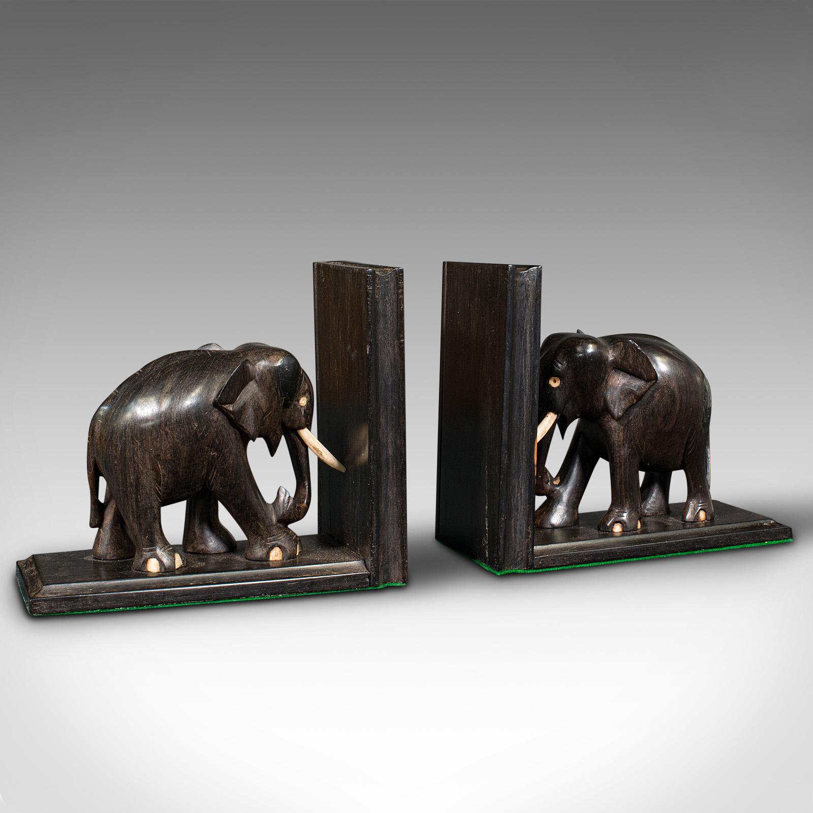Pair of Small Antique Elephant Bookends, Anglo Indian, Ebony, Victorian c.1890 (1 of 9)