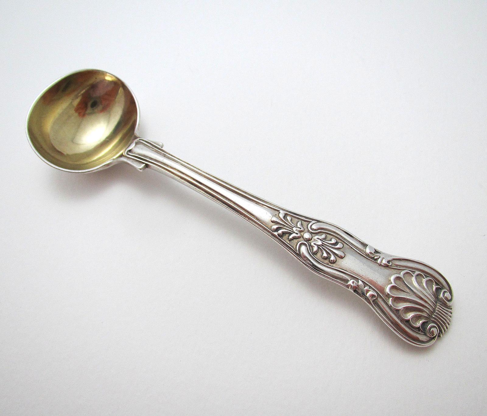 Georgian William IV English King's Pattern Antique Solid Sterling Silver Gilt Master Salt Spoon, Diamond Shell Heel (1 of 7)
