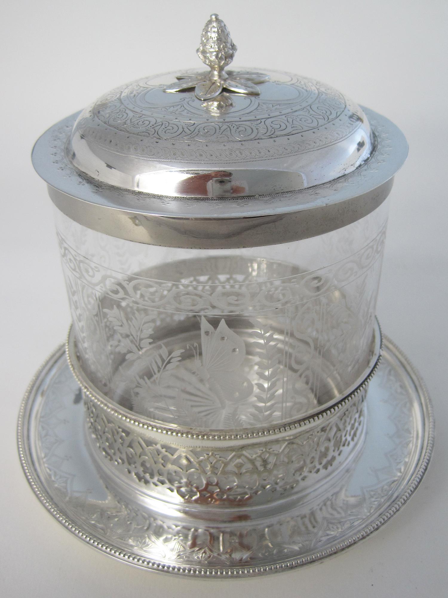 Victorian Engraved Glass & Silver Plated Circular Biscuit Barrel (1 of 8) Victorian Engraved Glass & Silver Plated Circular Biscuit Barrel (1 of 8)