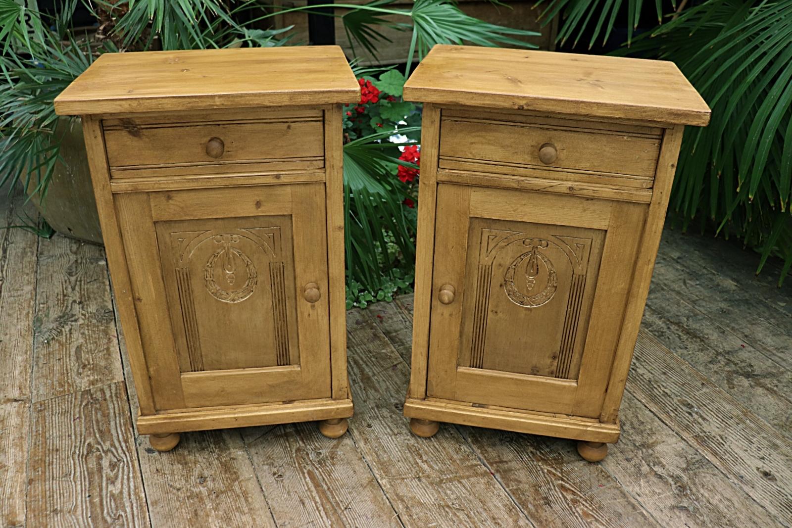 Beautiful Pair of Antique Carved Pine Bedside / Cupboards