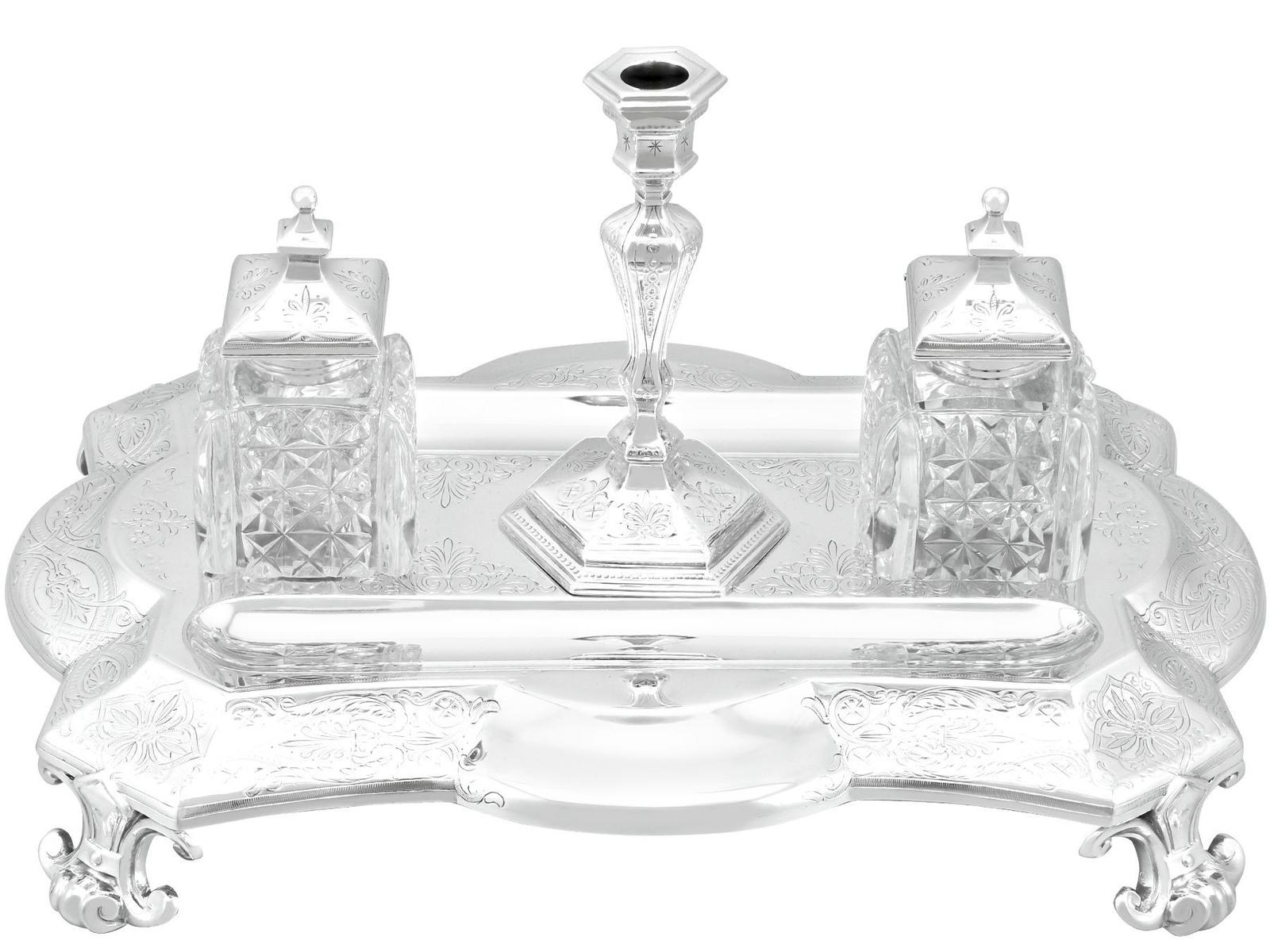 Antique Victorian Sterling Silver & Glass Inkstand / Desk Standish (1 of 18)