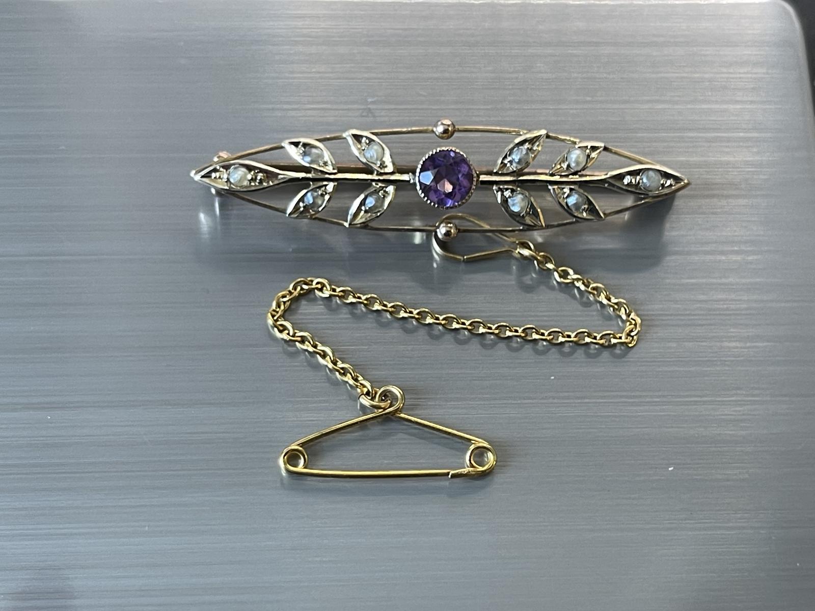 Antique Victorian 9ct  Brooch Rose Gold Amethyst Pearl Safety Pin (1 of 7)