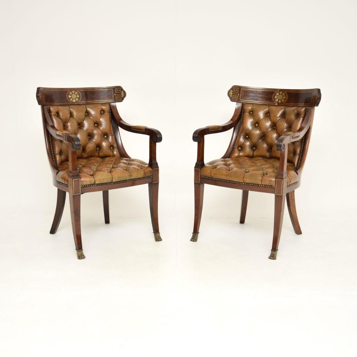 Pair of Antique Regency Period Brass Inlaid Mahogany & Leather Armchairs (1 of 15) Pair of Antique Regency Period Brass Inlaid Mahogany & Leather Armchairs (1 of 15)