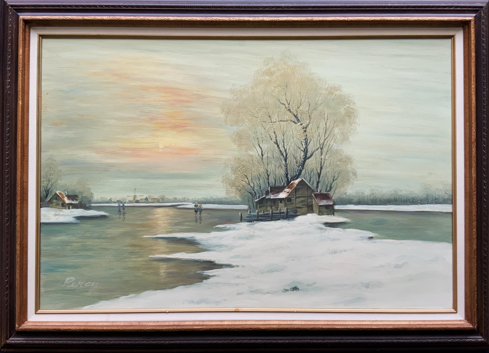 Large Vintage Signed Frozen Winter Lake Landscape Oil Painting (1 of 10) Large Vintage Signed Frozen Winter Lake Landscape Oil Painting (1 of 10)