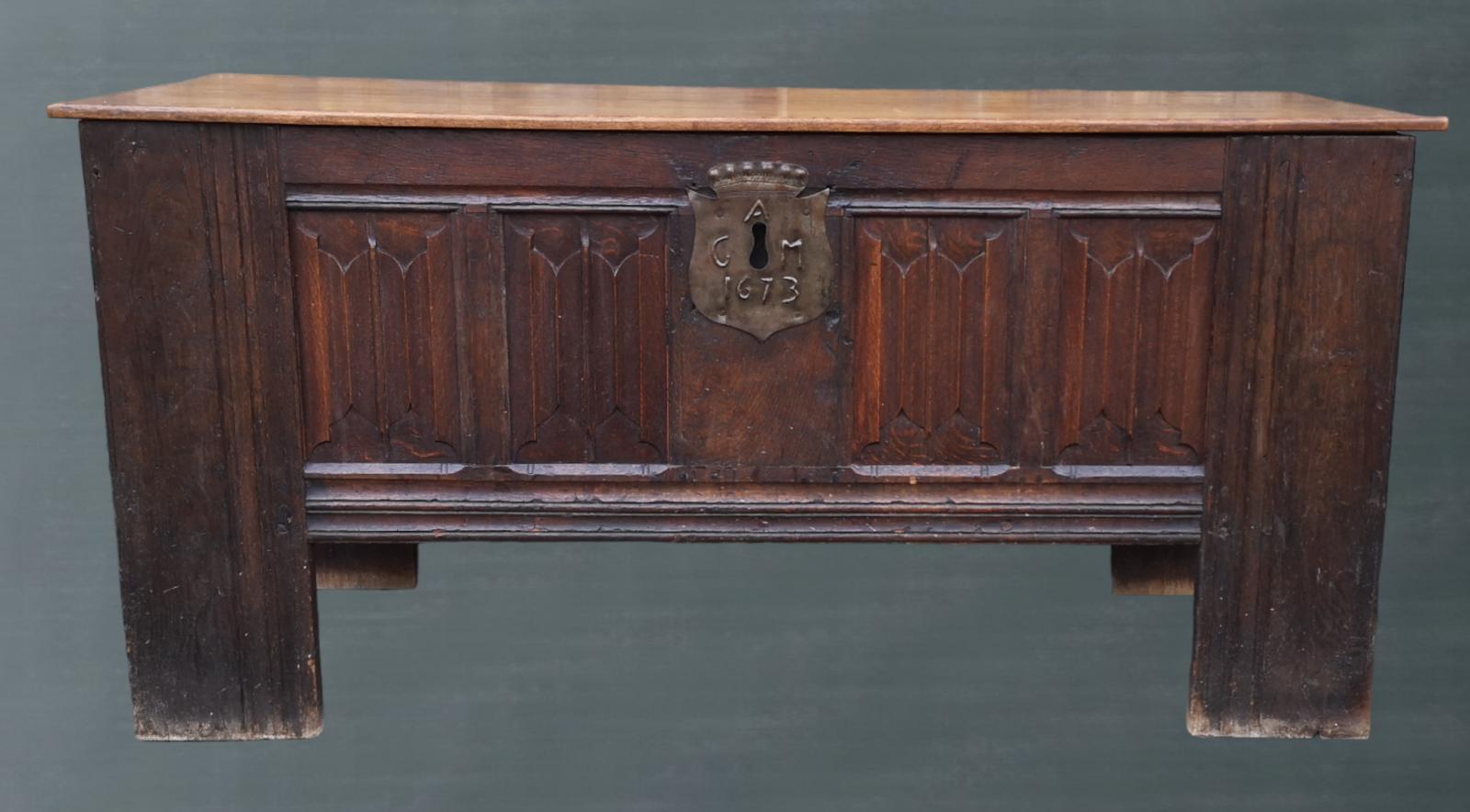 Large Oak Linen Fold Blanket Box / Chest Dated 1673 (1 of 14)