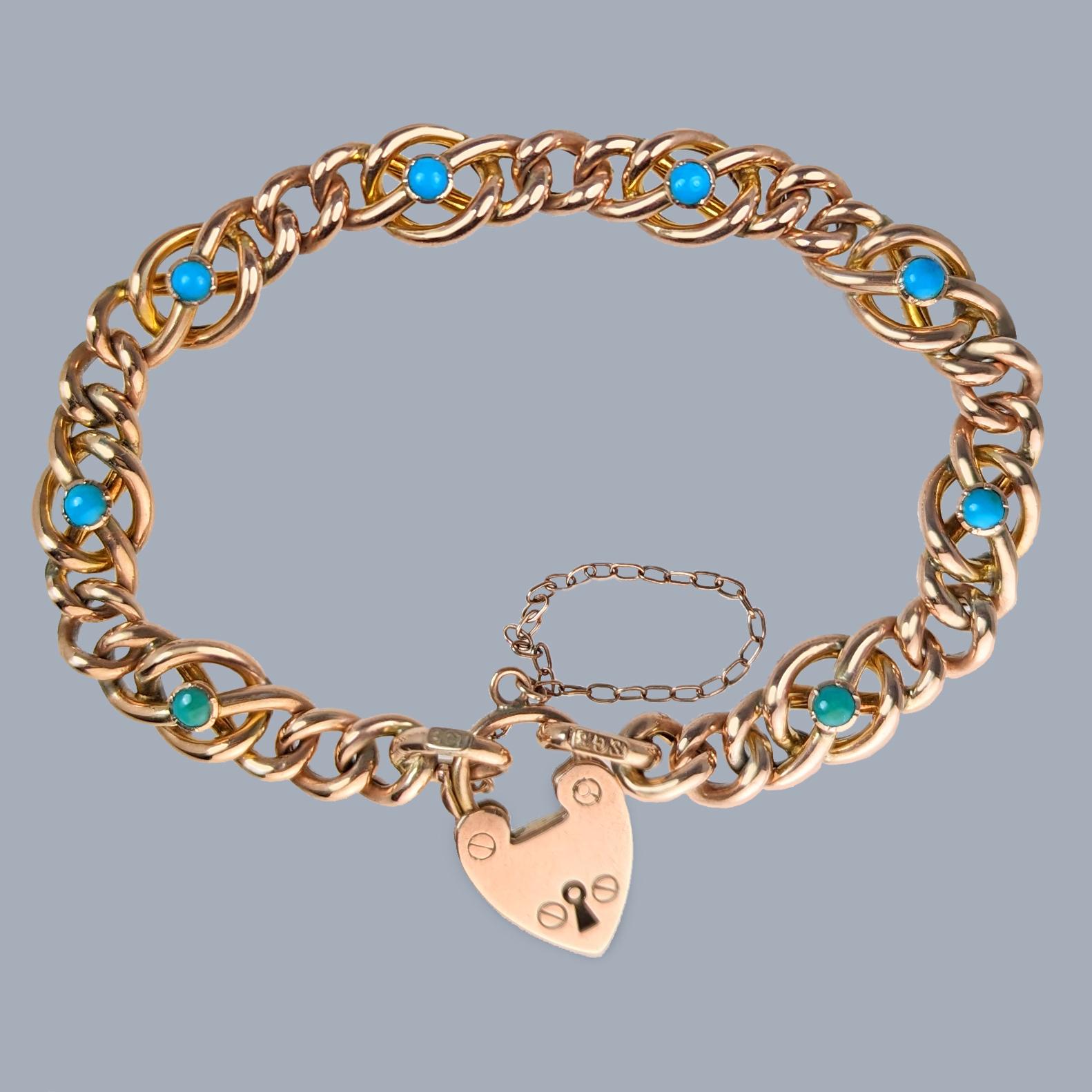 Antique Turquoise Gold Curb Link Bracelet with Heart Clasp 9ct Rose Gold Victorian Bracelet (1 of 6)