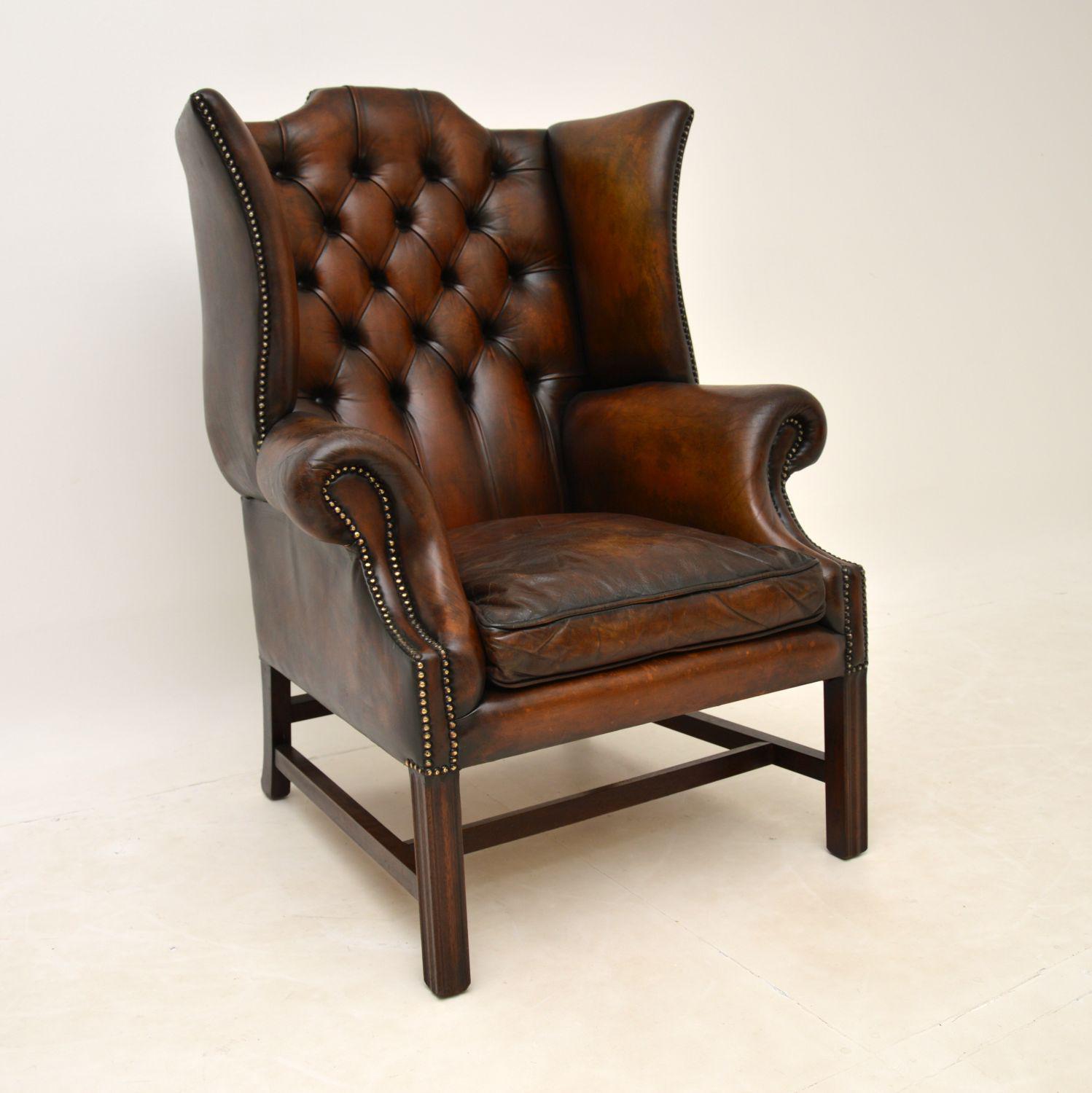Antique Leather & Mahogany Wing Back Armchair (1 of 9) Antique Leather & Mahogany Wing Back Armchair (1 of 9)