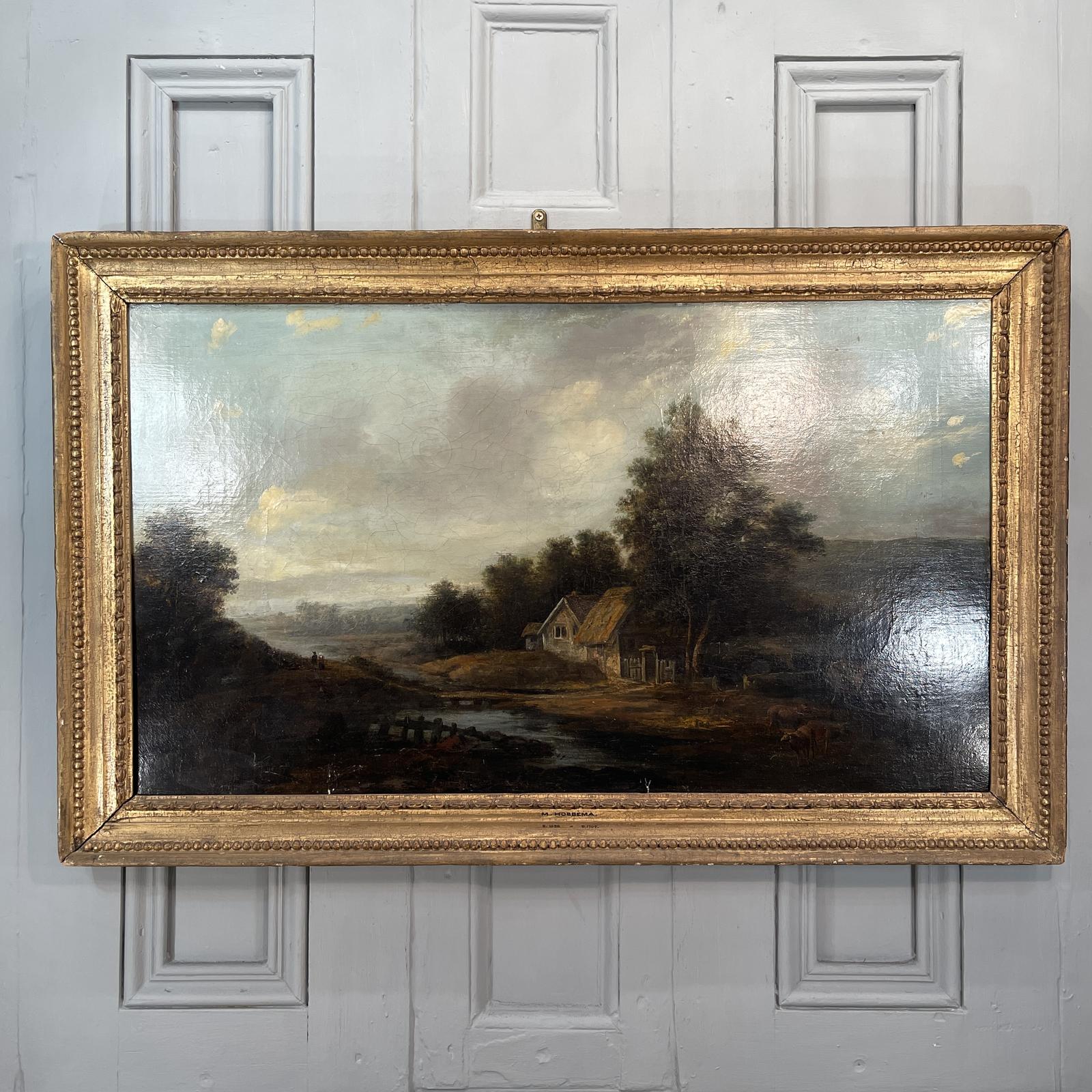 Large Antique River Landscape Oil Painting with Cattle After M Hobbema (1 of 12)