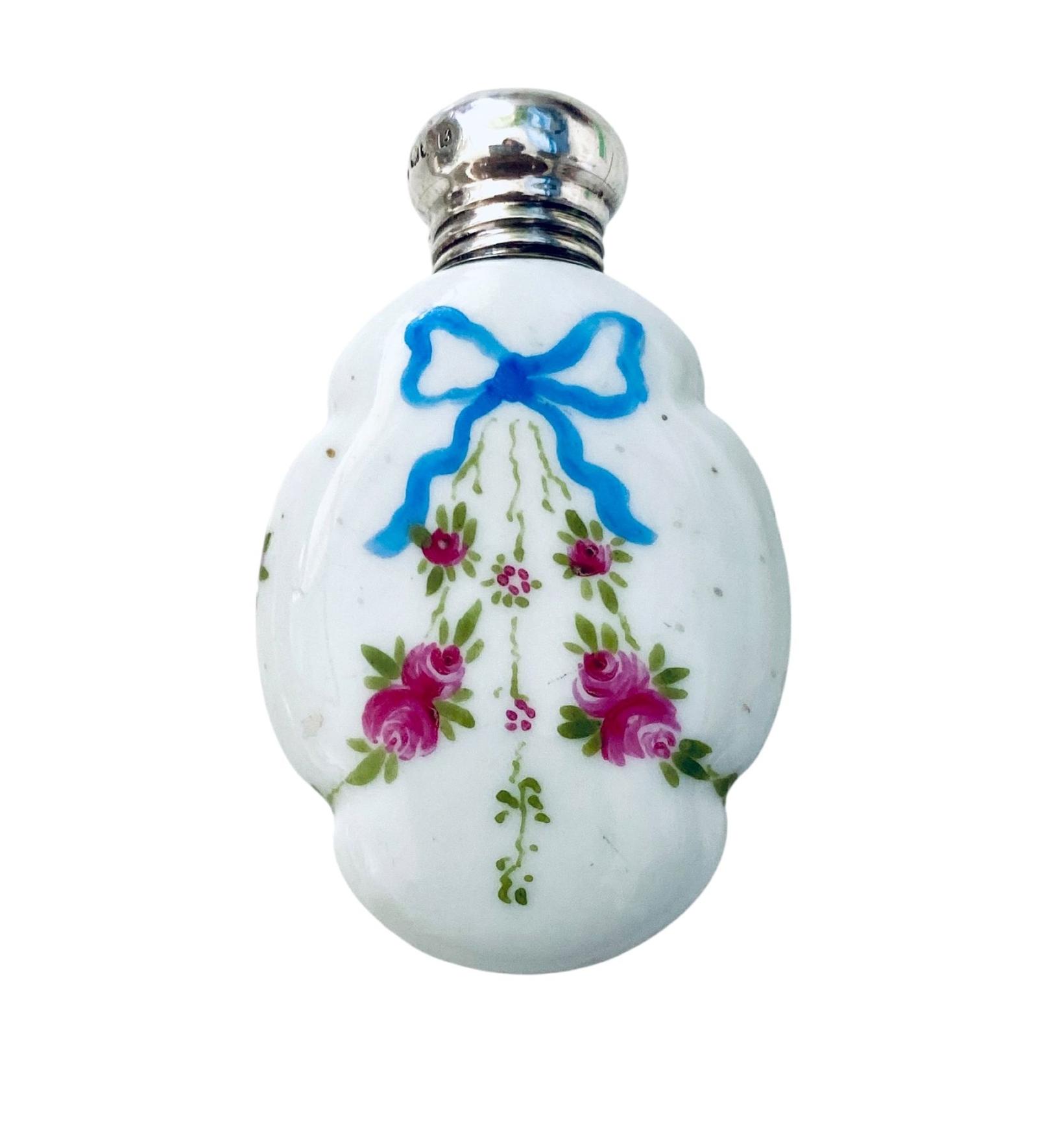 Antique Porcelain Enamelled Perfume Scent Bottle Silver Lid Birmingham 1906 (1 of 8) Antique Porcelain Enamelled Perfume Scent Bottle Silver Lid Birmingham 1906 (1 of 8)