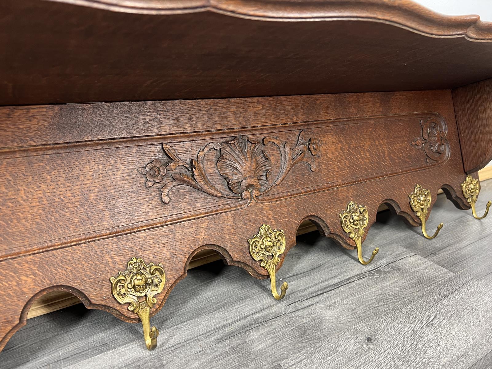 French Vintage Coat Rack Oak 7 Brass Hooks Ornate Wall Shelf (1 of 10)