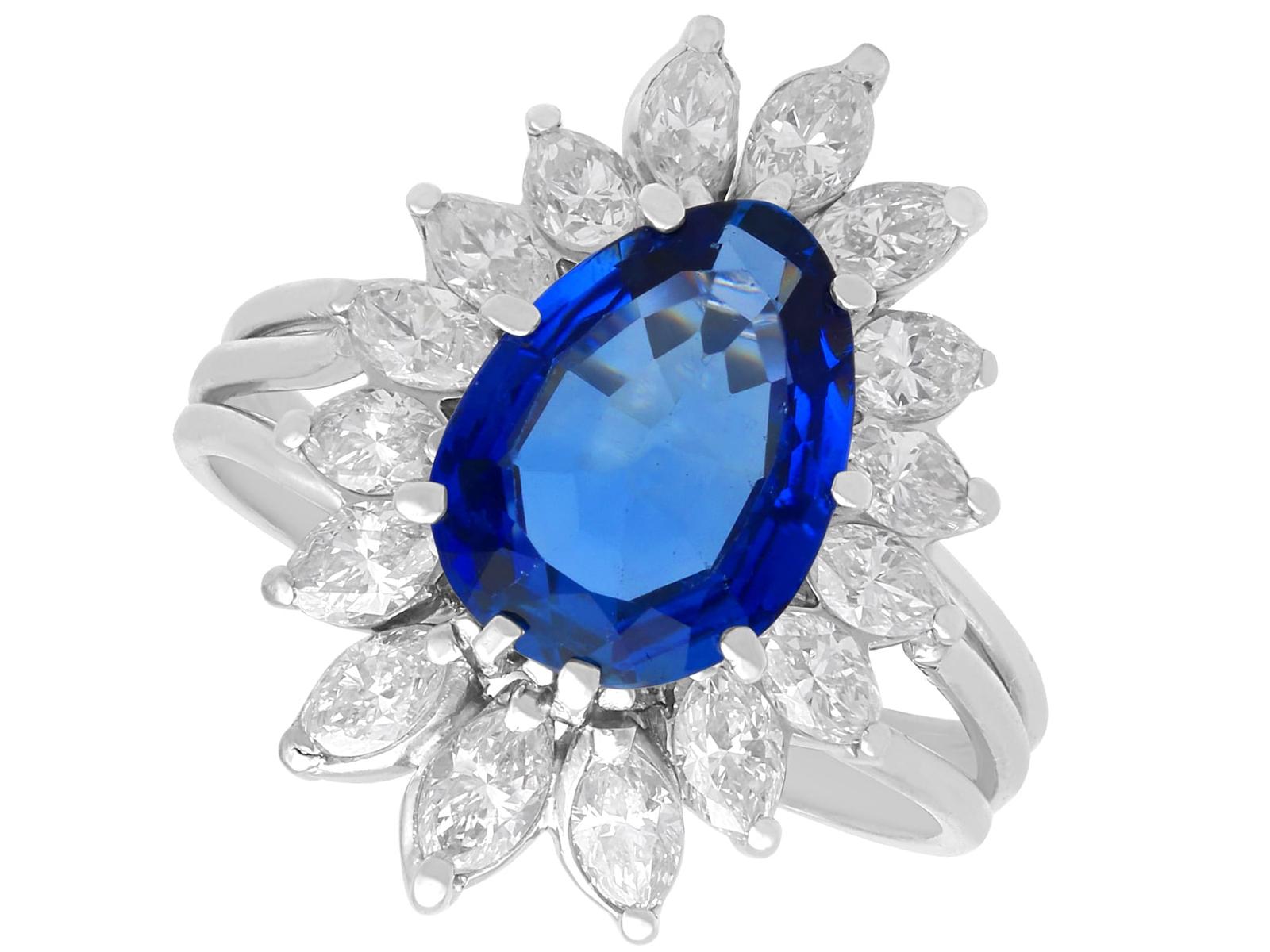 Vintage 3.20ct Pear Cut Sapphire & 3.05ct Diamond, Platinum Dress Ring c.1950 (1 of 13)