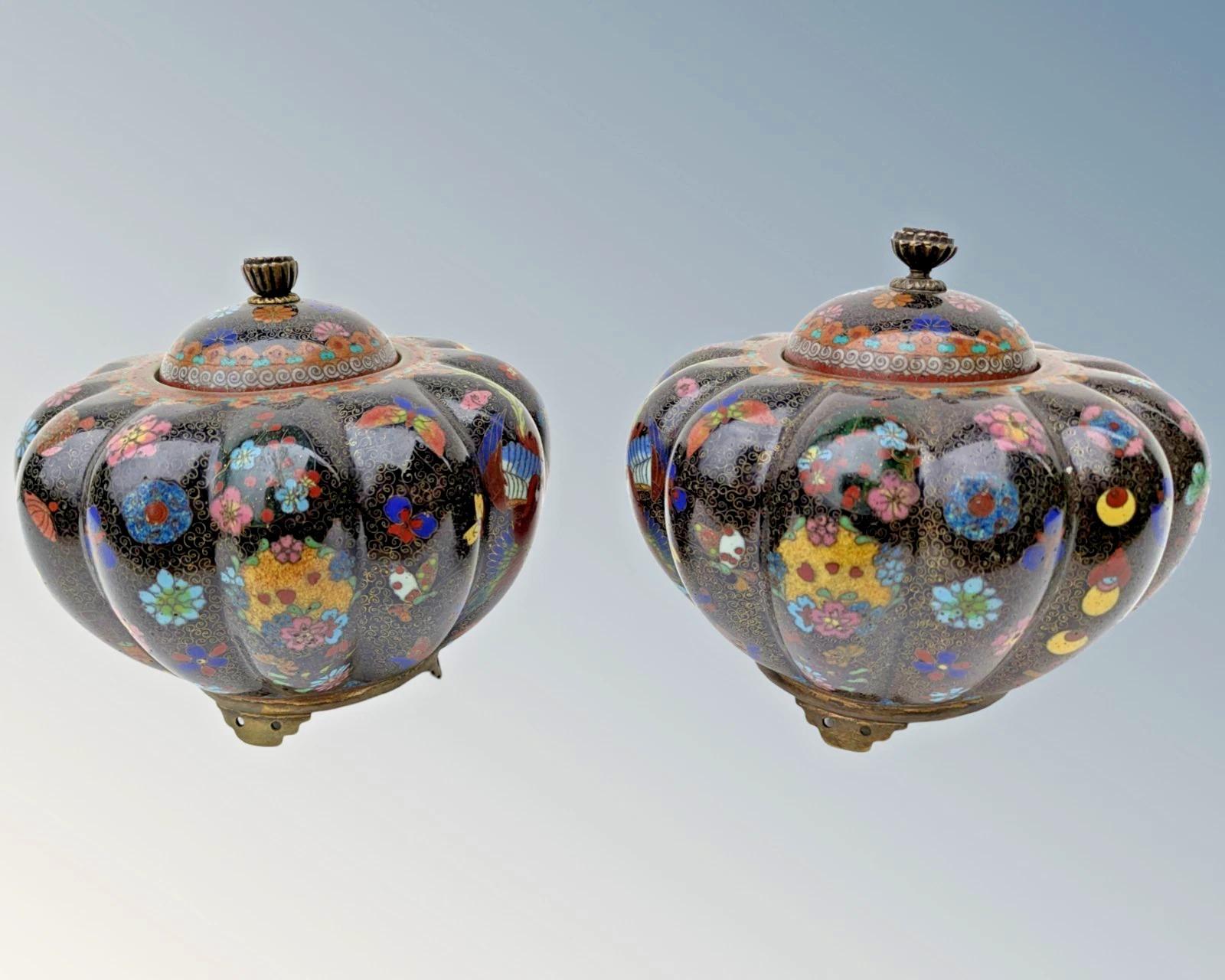 Pair Japanese Meiji Cloisonne Lidded Gourd Pots (1 of 8) Pair Japanese Meiji Cloisonne Lidded Gourd Pots (1 of 8)
