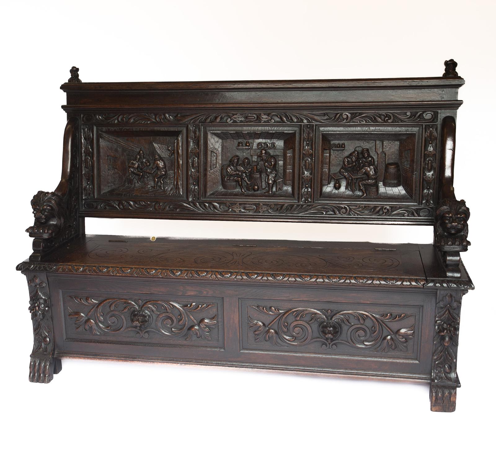 Fine Carved Oak Box Seat Settle Circa 1900 (1 of 14)