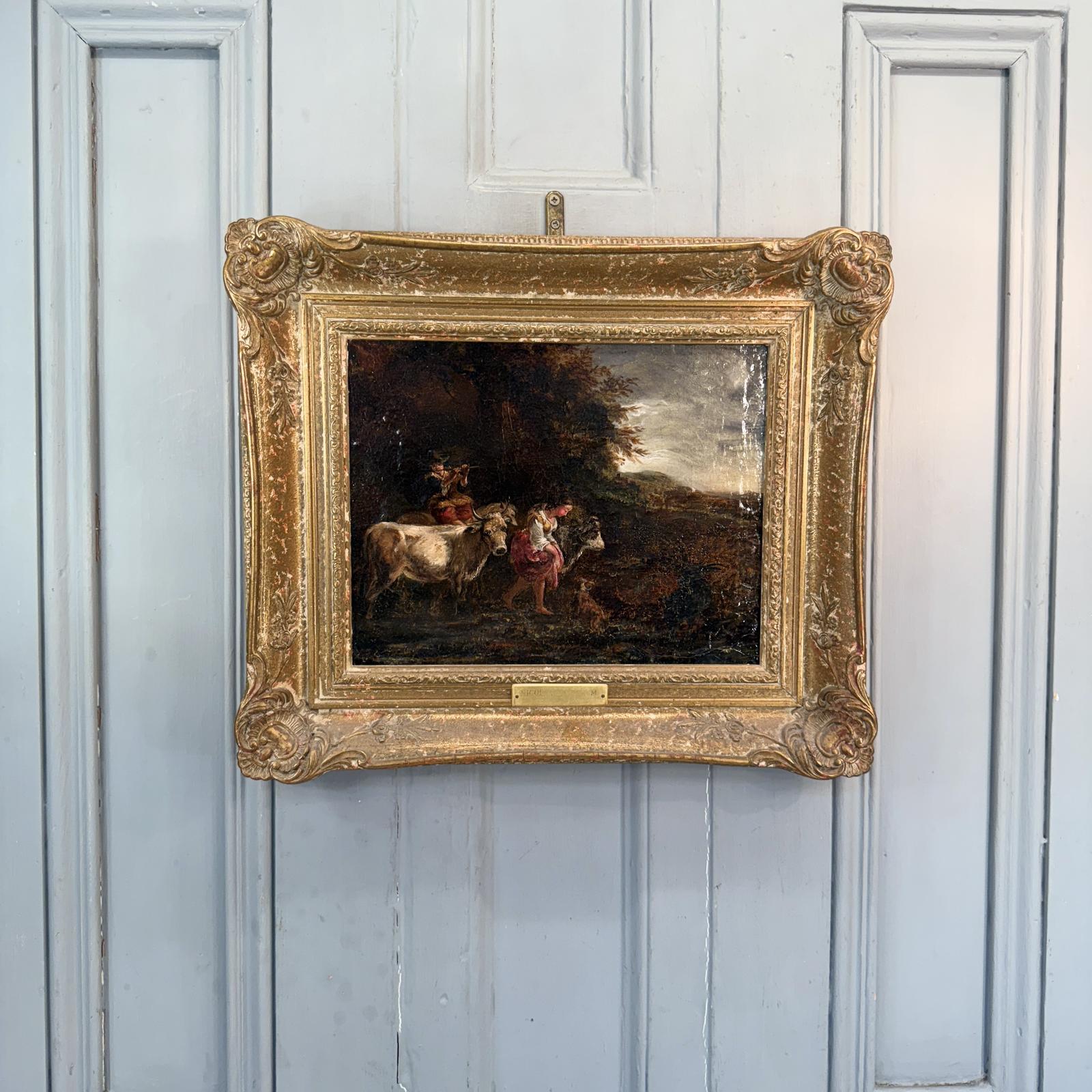 Antique Dutch Landscape Oil Painting Study of Maid & Boy Herding Cows Attributed to Nicolaes Berchem (1 of 12)