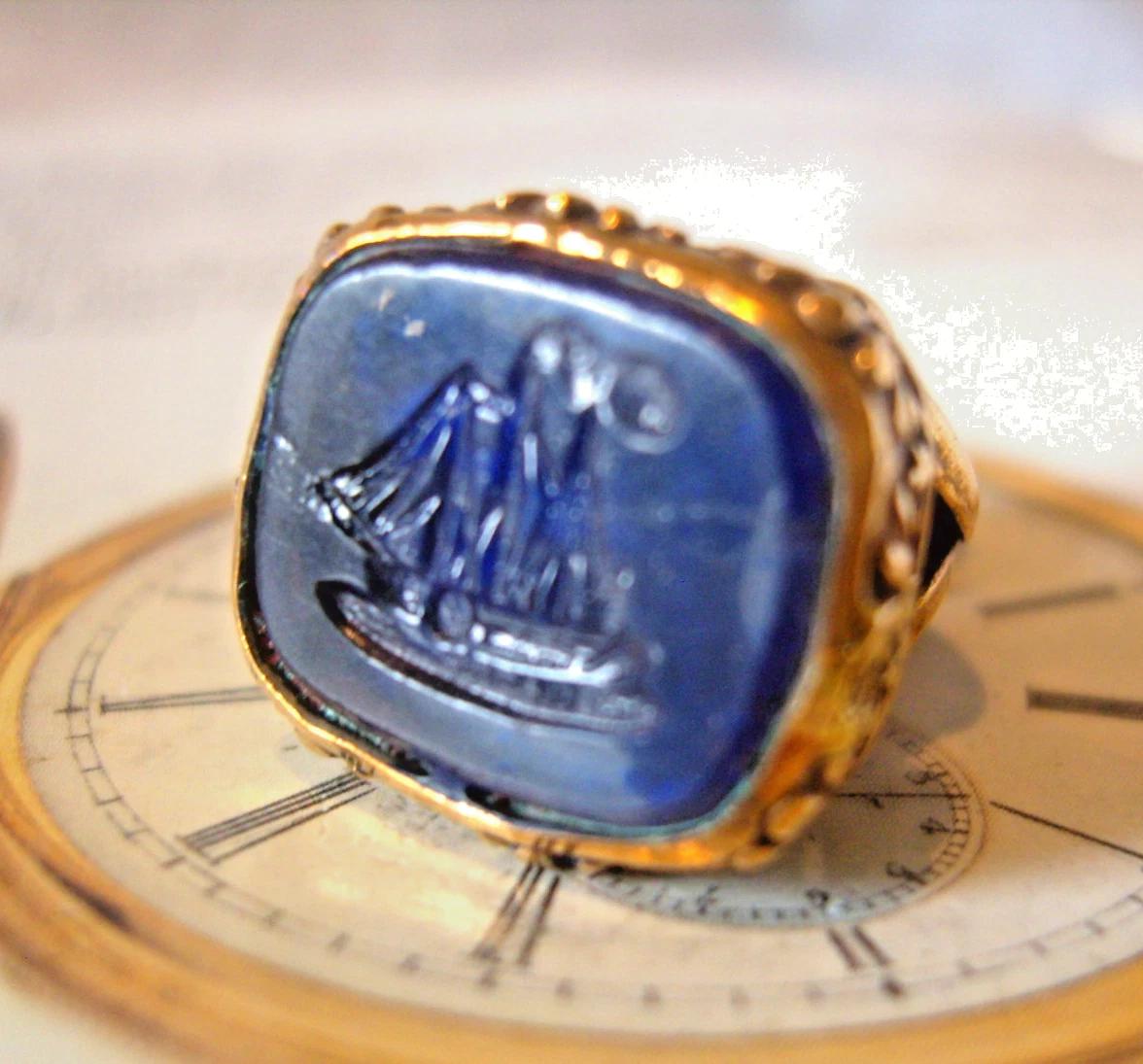 Pocket Watch Chain Fob Victorian Nautical Ship Boat Rose Gilt & Blue Glass (1 of 10)