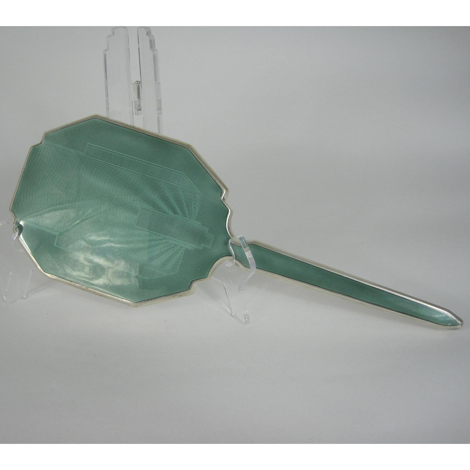 Art Deco Style Silver and Green Guilloche Enamel Hand Mirror (1 of 10)