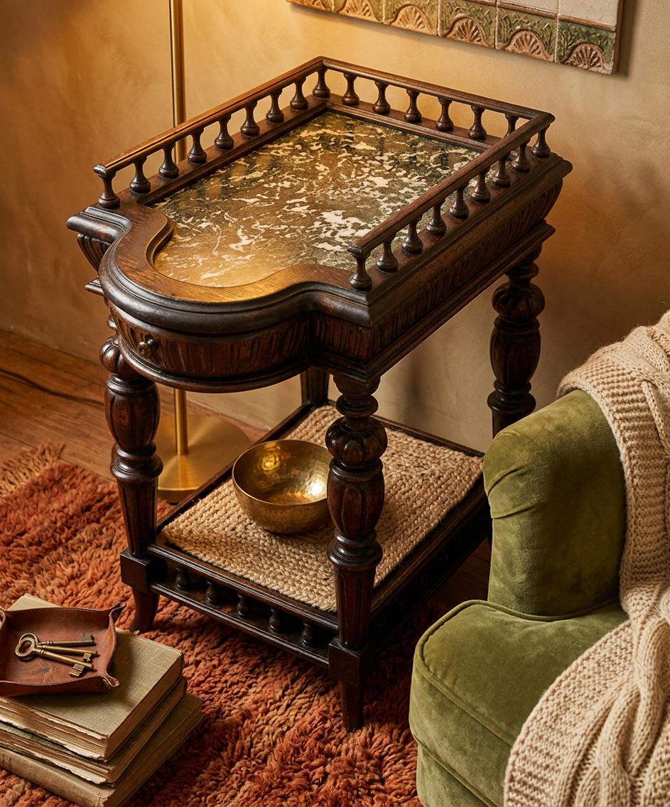 Antique French Oak Marble Topped Sidetable Washstand in Henri II Style (1 of 9) Antique French Oak Marble Topped Sidetable Washstand in Henri II Style (1 of 9)