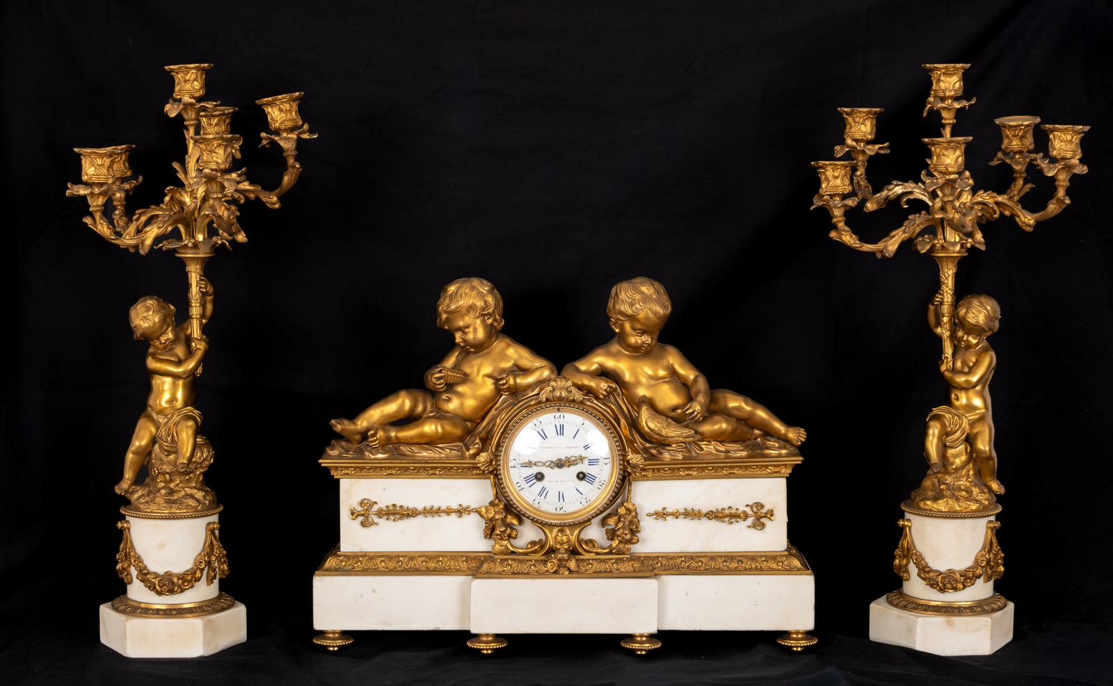 Fine 19th Century French Ormolu and White Marble Cherub Clock Garniture (1 of 8) Fine 19th Century French Ormolu and White Marble Cherub Clock Garniture (1 of 8)