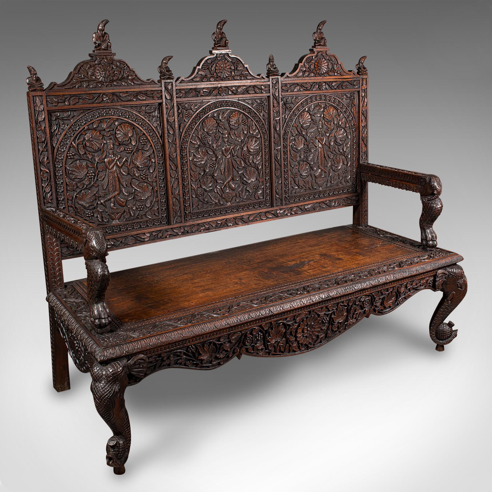 Large Antique Veranda Bench, Ceylon, Teak, 3 Seat, Ornate Seat c.1880 (1 of 12)