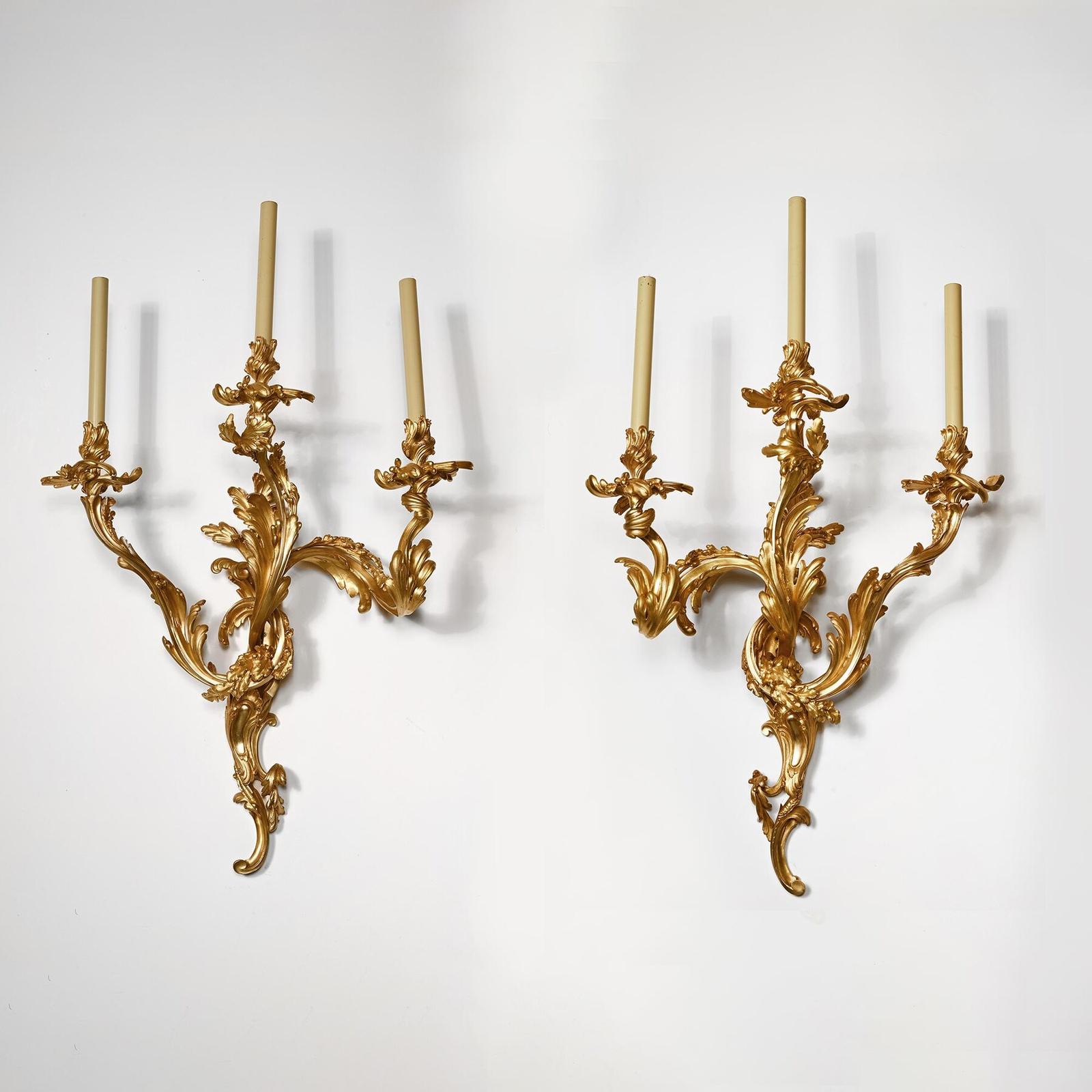 Exceptional Pair of Large 19th Century French Three Branch Ormolu Wall Lights or Appliqués (1 of 7)