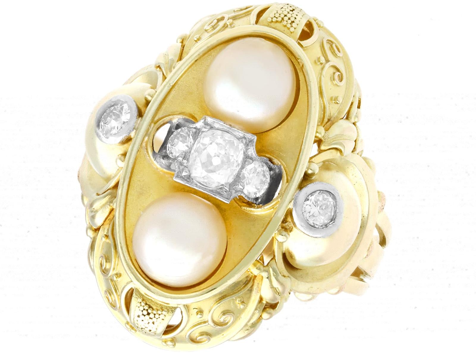 Vintage German Pearl & 0.72ct Diamond, 14ct Yellow Gold Dress Ring c.1950 (1 of 10)
