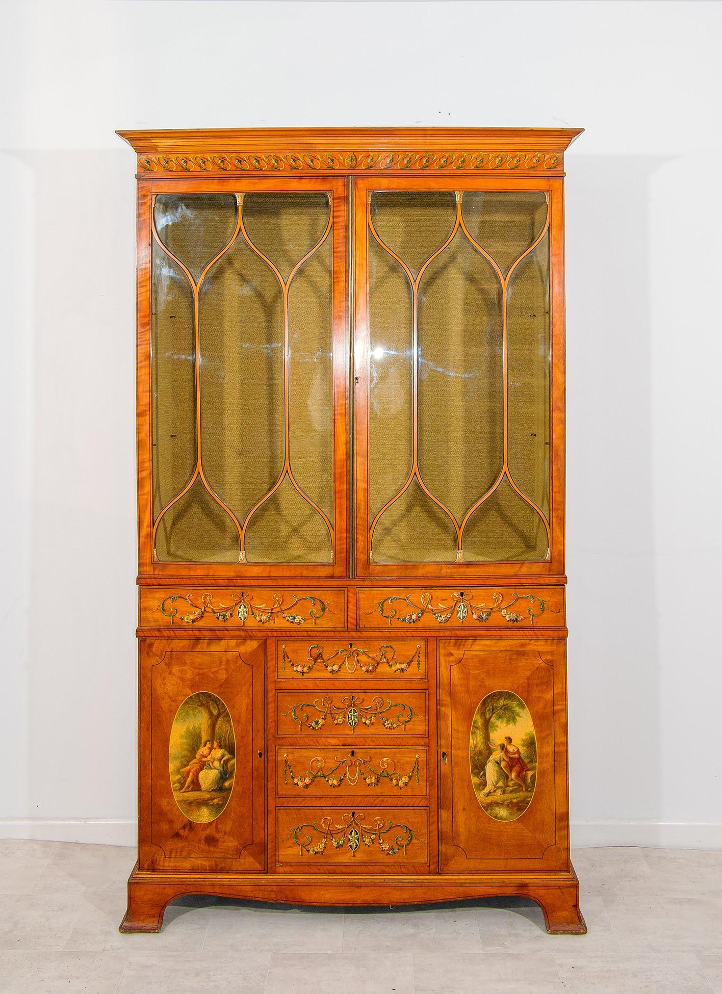Antique Satinwood Painted Display Cabinet with Neoclassical Decoration & Astragal Glazed Doors – Early 20th Century (1 of 6)