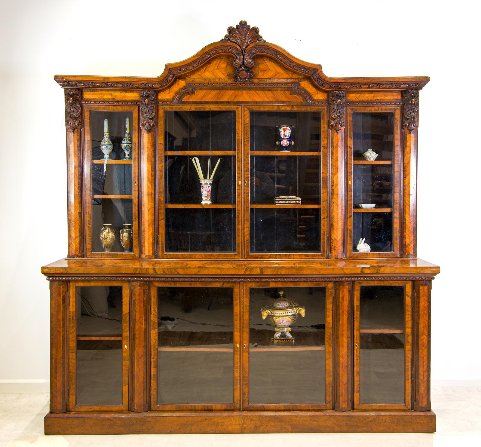 Magnificent Antique Burr Walnut & Kingwood Bookcase Display Cabinet (1 of 6)