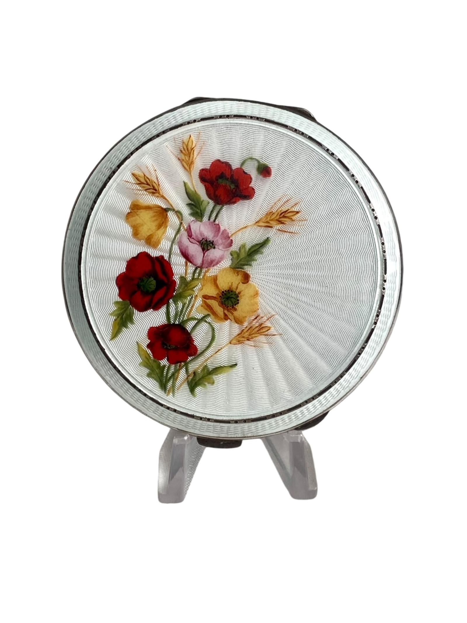 Vintage Sterling Silver Guilloche Enamel Poppies Powder Compact Birmingham 1956 (1 of 6)
