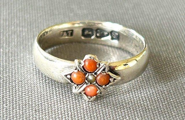 Victorian Chester Silver Seed Pearl & Coral Ring (1 of 4)