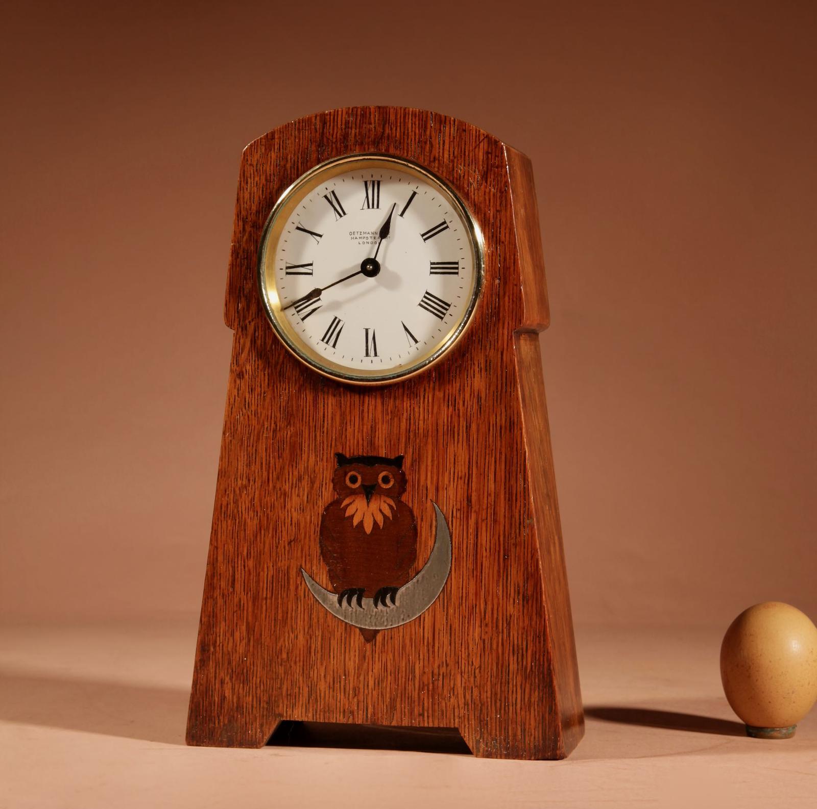 Oetzmann & Co Arts & Craft Signed Very Decorative Owl Inlaid Oak Mantel Clock c.1900 (1 of 11) Oetzmann & Co Arts & Craft Signed Very Decorative Owl Inlaid Oak Mantel Clock c.1900 (1 of 11)