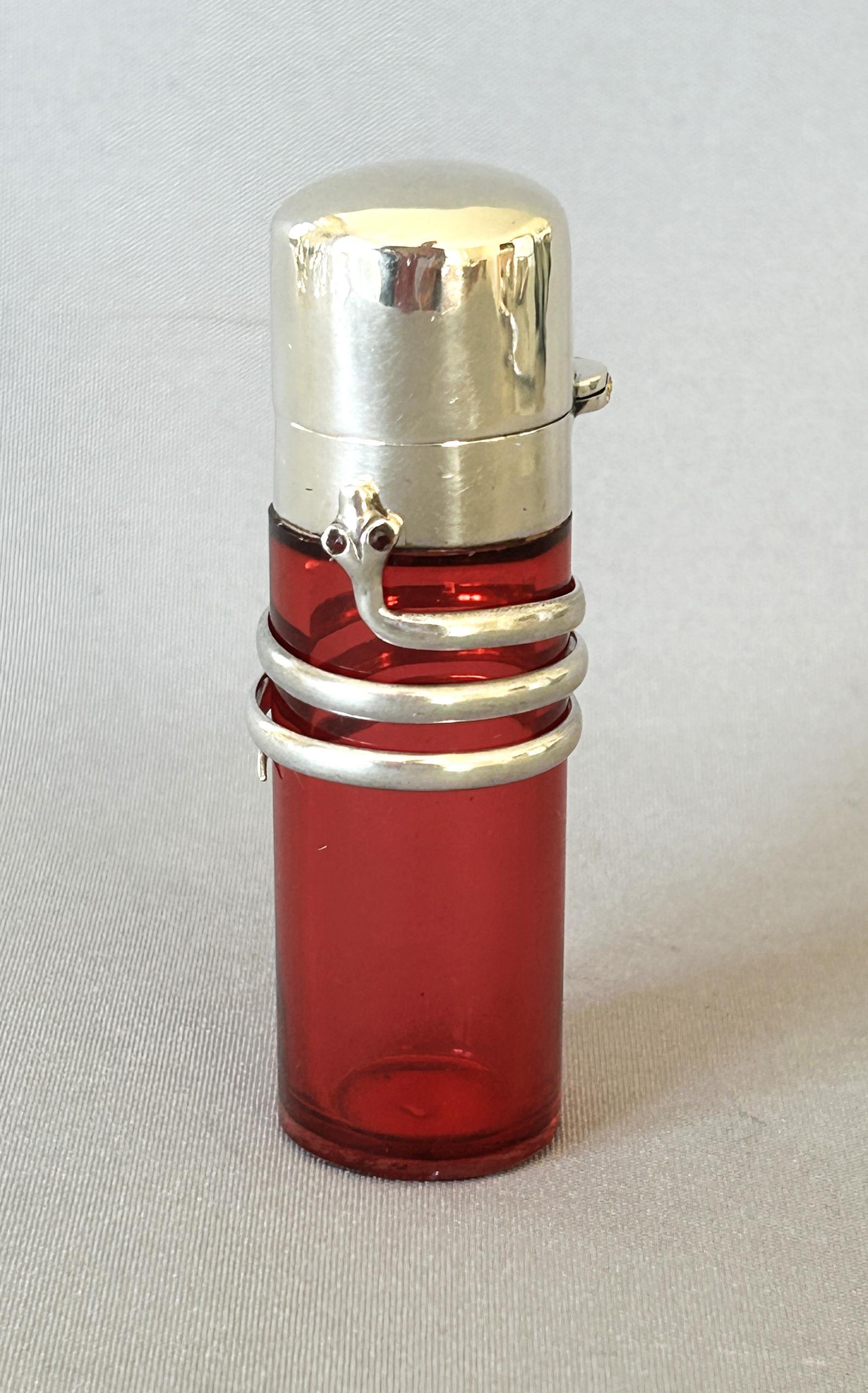 Rare Victorian Silver Snake & Cranberry Glass Scent Bottle (1 of 7)