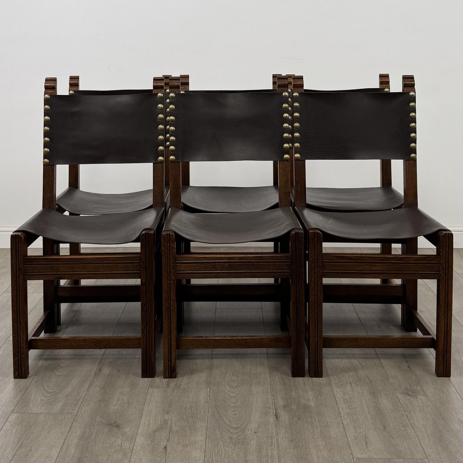 Antique 20th Century Set Of 6 Leather Dining Chairs In Oak (1 of 9) Antique 20th Century Set Of 6 Leather Dining Chairs In Oak (1 of 9)