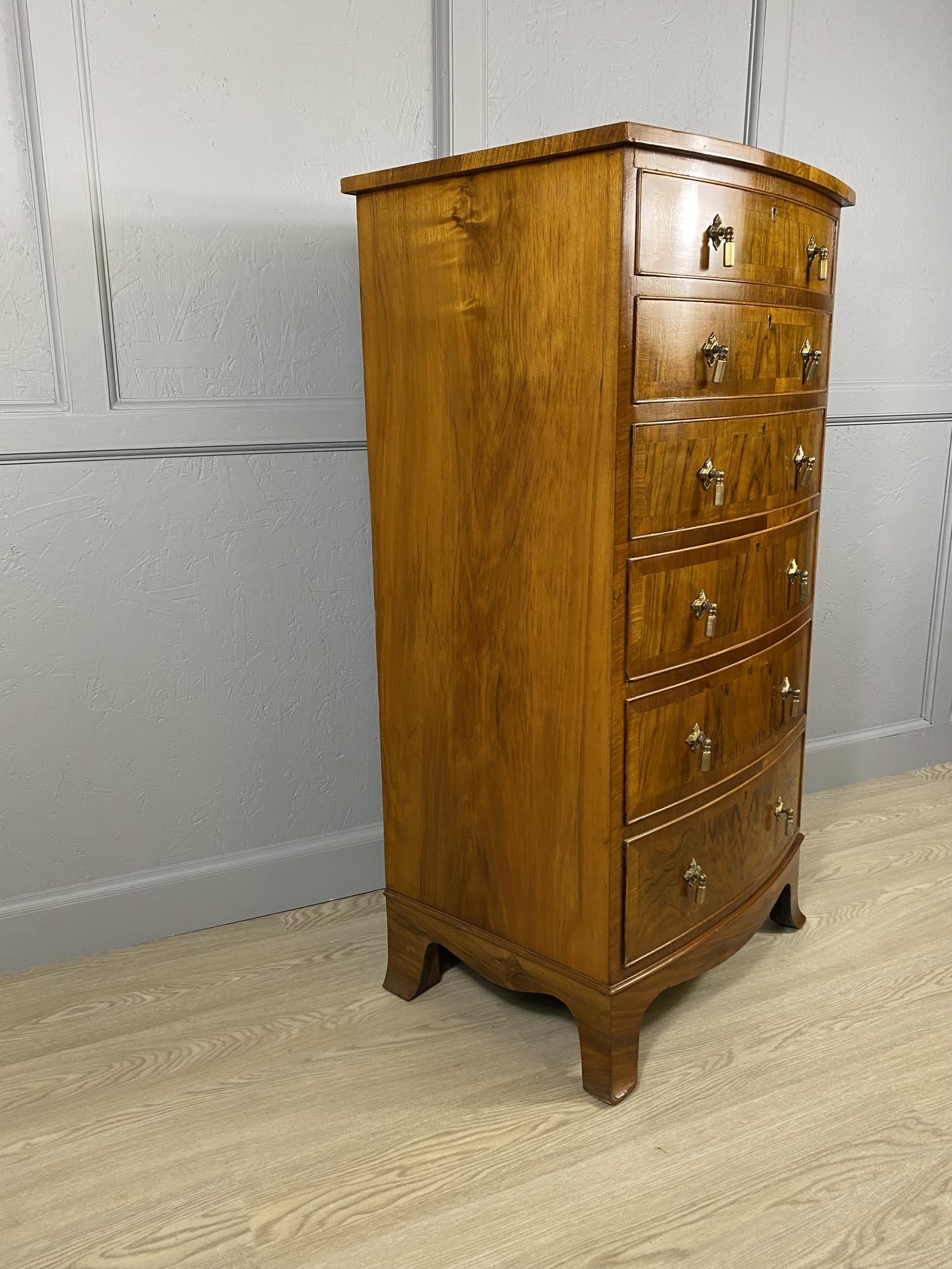 Narrow Walnut Bow-Front Chest of Drawers (1 of 7) Narrow Walnut Bow-Front Chest of Drawers (1 of 7)
