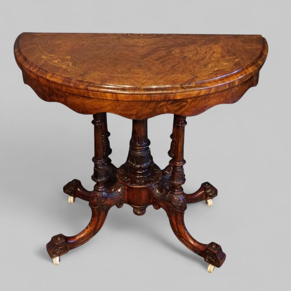 Antique Victorian Inlaid Walnut Demi Lune Card Table (1 of 9)