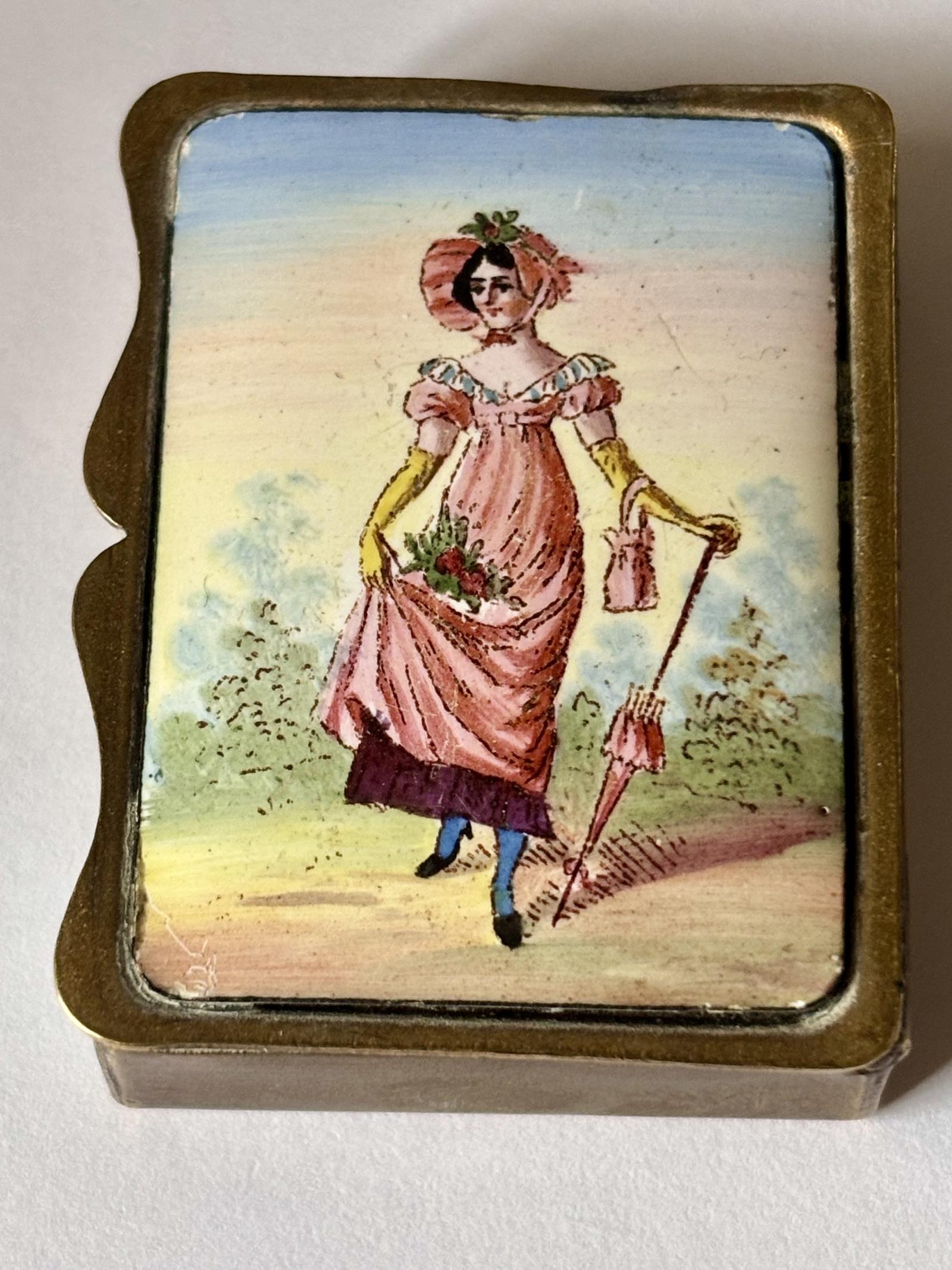 19th Century French Brass & Enamel Vesta Case Pretty Lady In Pink (1 of 8) 19th Century French Brass & Enamel Vesta Case Pretty Lady In Pink (1 of 8)