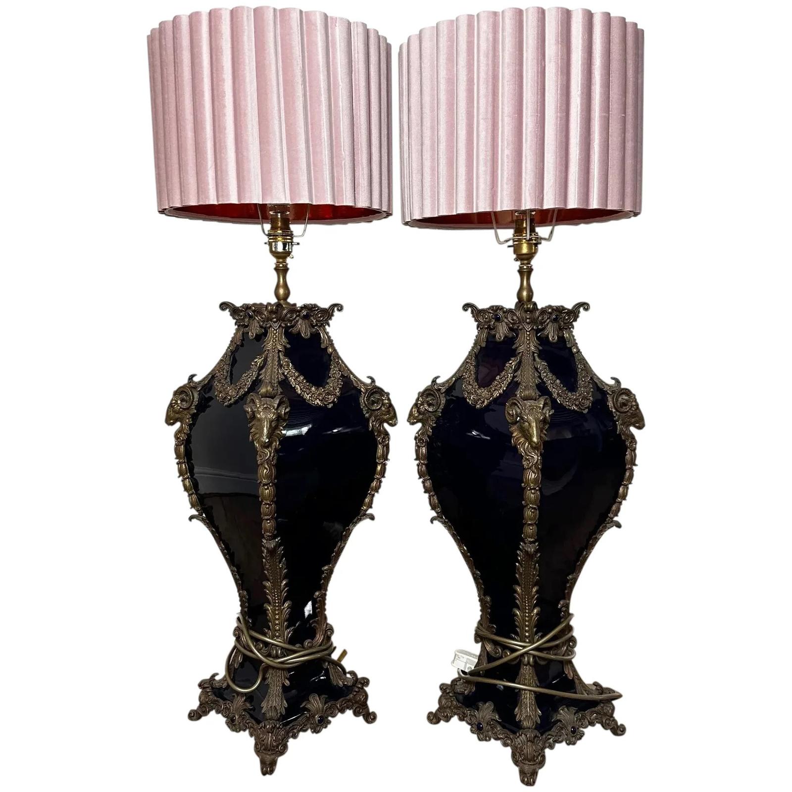 Pair of French Large Rams Bronze & Ceramic Table Lamps With Pink Shades (1 of 77) Pair of French Large Rams Bronze & Ceramic Table Lamps With Pink Shades (1 of 77)