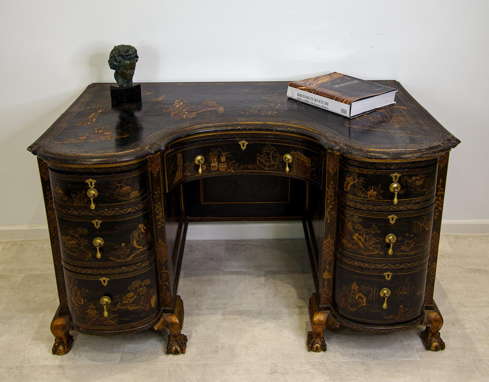 Antique Chinoiserie Black Lacquer Desk with Gilt Decoration 19th Century (1 of 4)